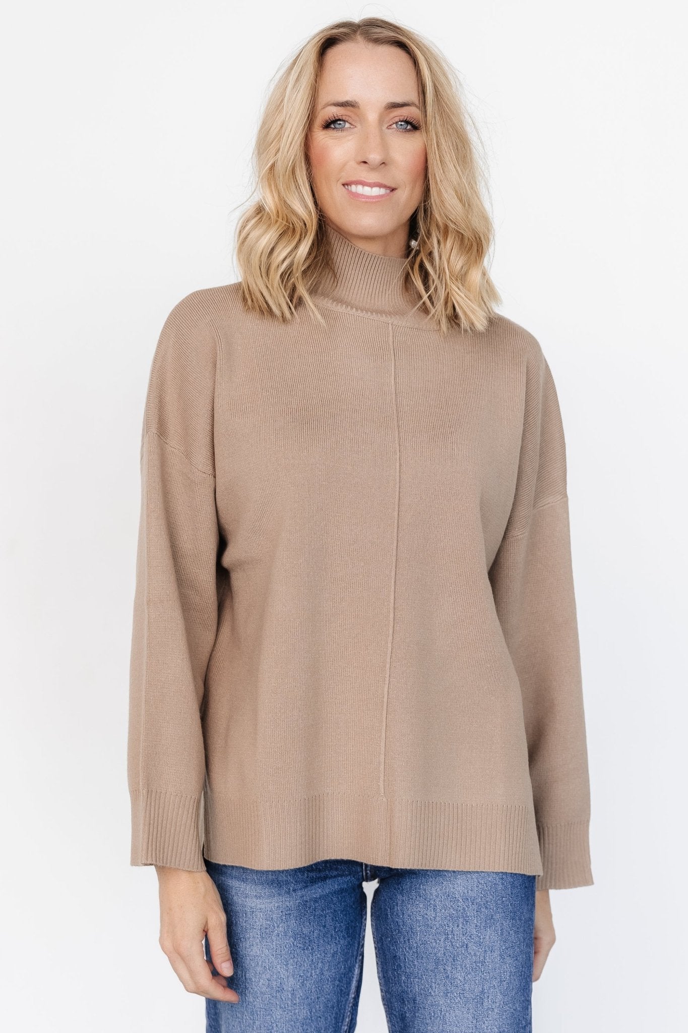 Women's Light Mocha Mock Neck Sweater - Soft Knit Pullover with Ribbed Details