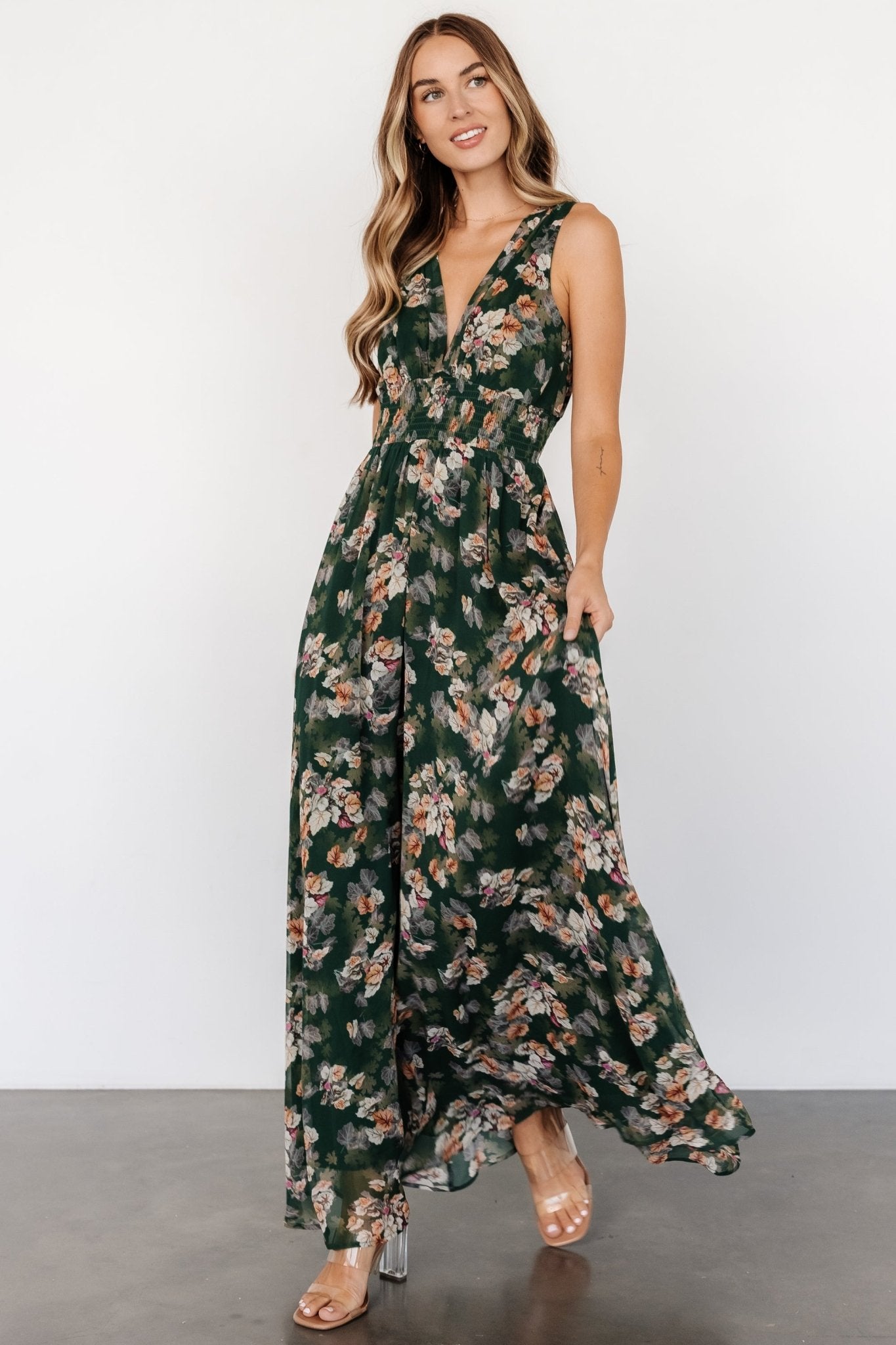 Baltic Born Deep Green Leaf Print Maxi Dress with Smocked Waist