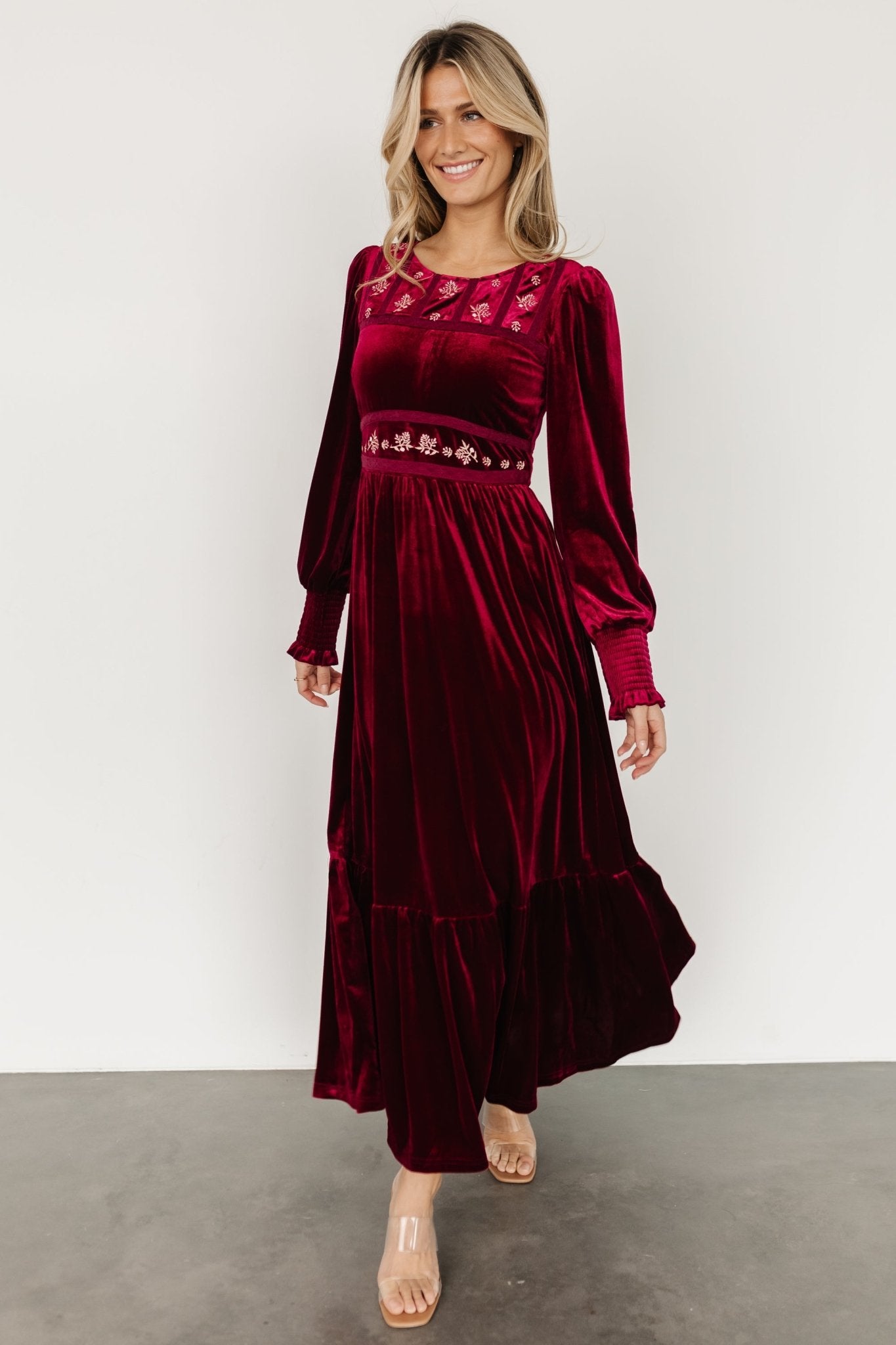 Baltic Born Velvet Maxi Dress in Merlot with Floral Details