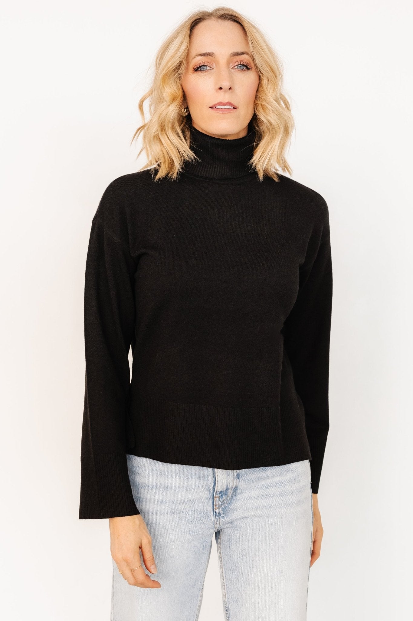 Black Turtleneck Sweater for Women - Soft Knit Ribbed Long Sleeve Top