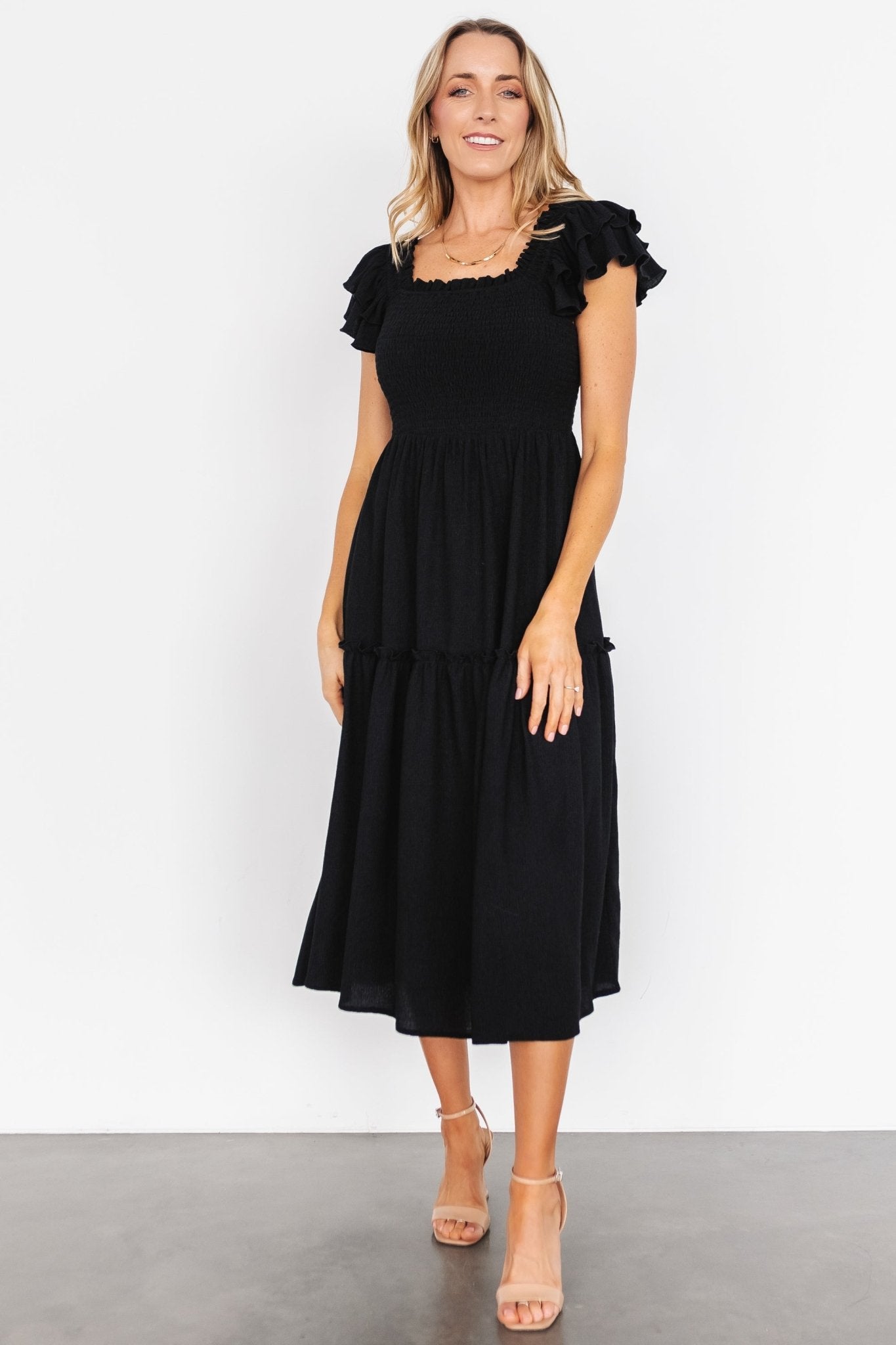 Baltic Born Black Smocked Midi Dress with Pockets