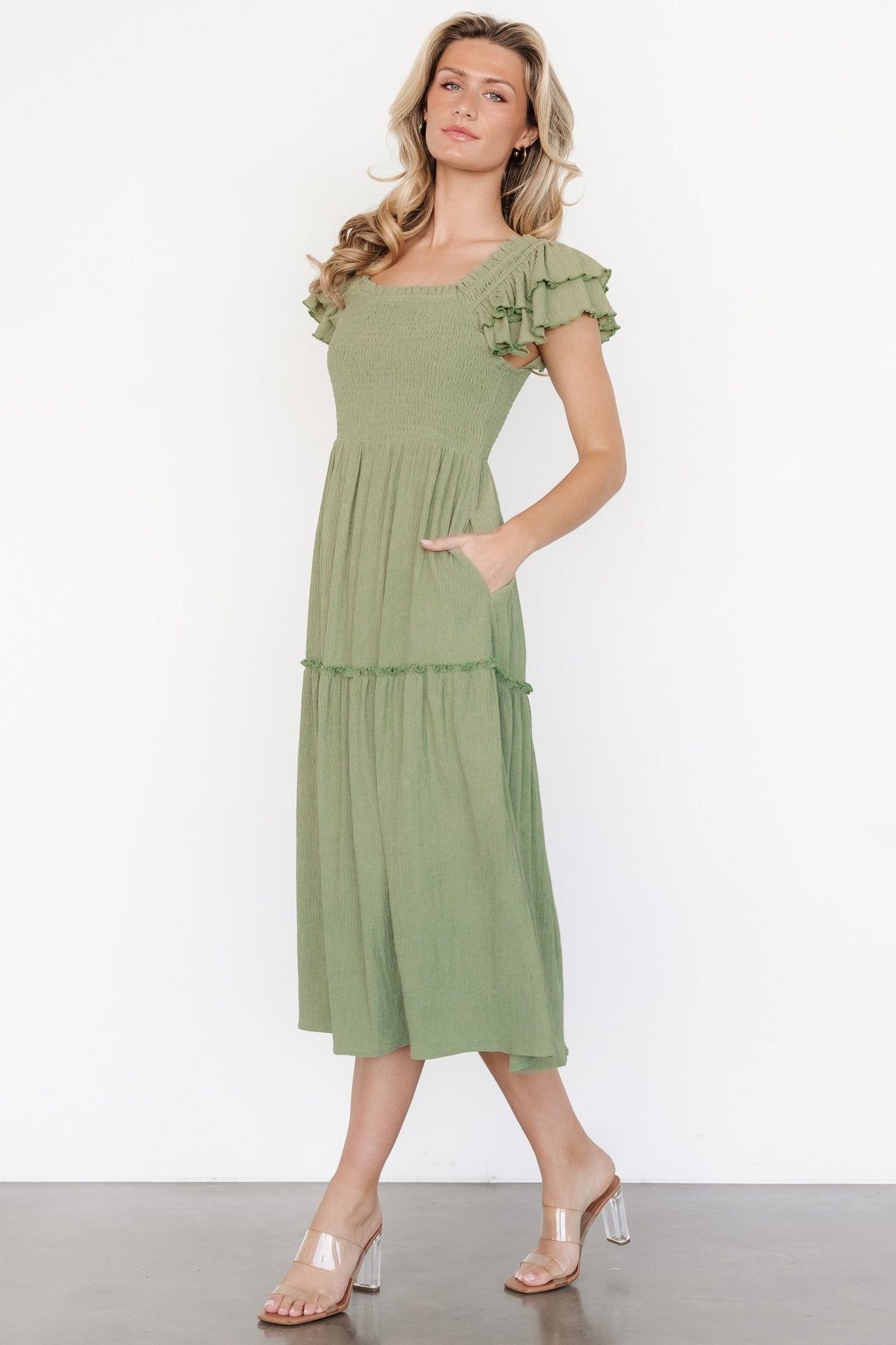 Baltic Born Sage Smocked Midi Dress with Pockets