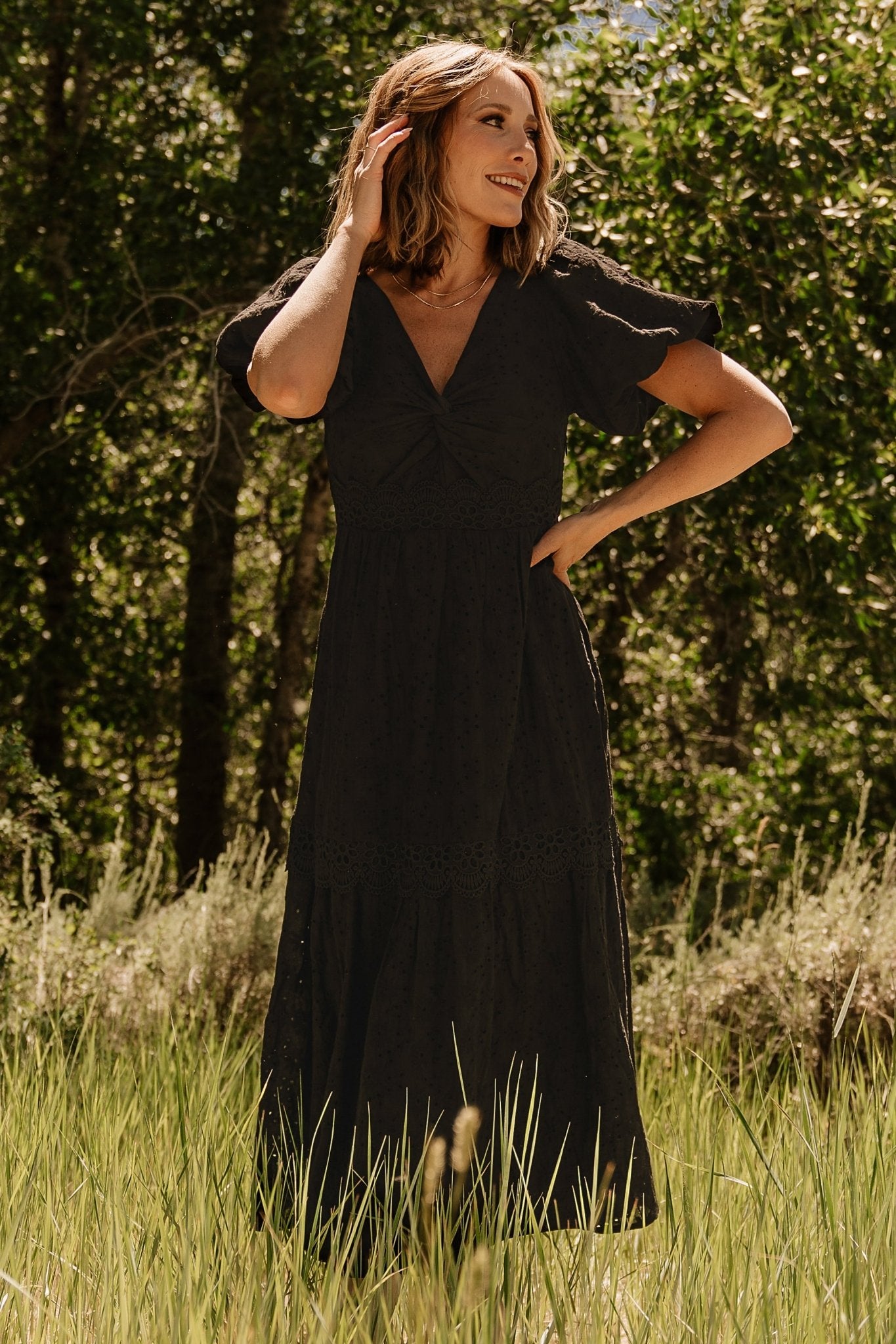 Baltic Born Jackie Black Eyelet Maxi Dress with V-Neck