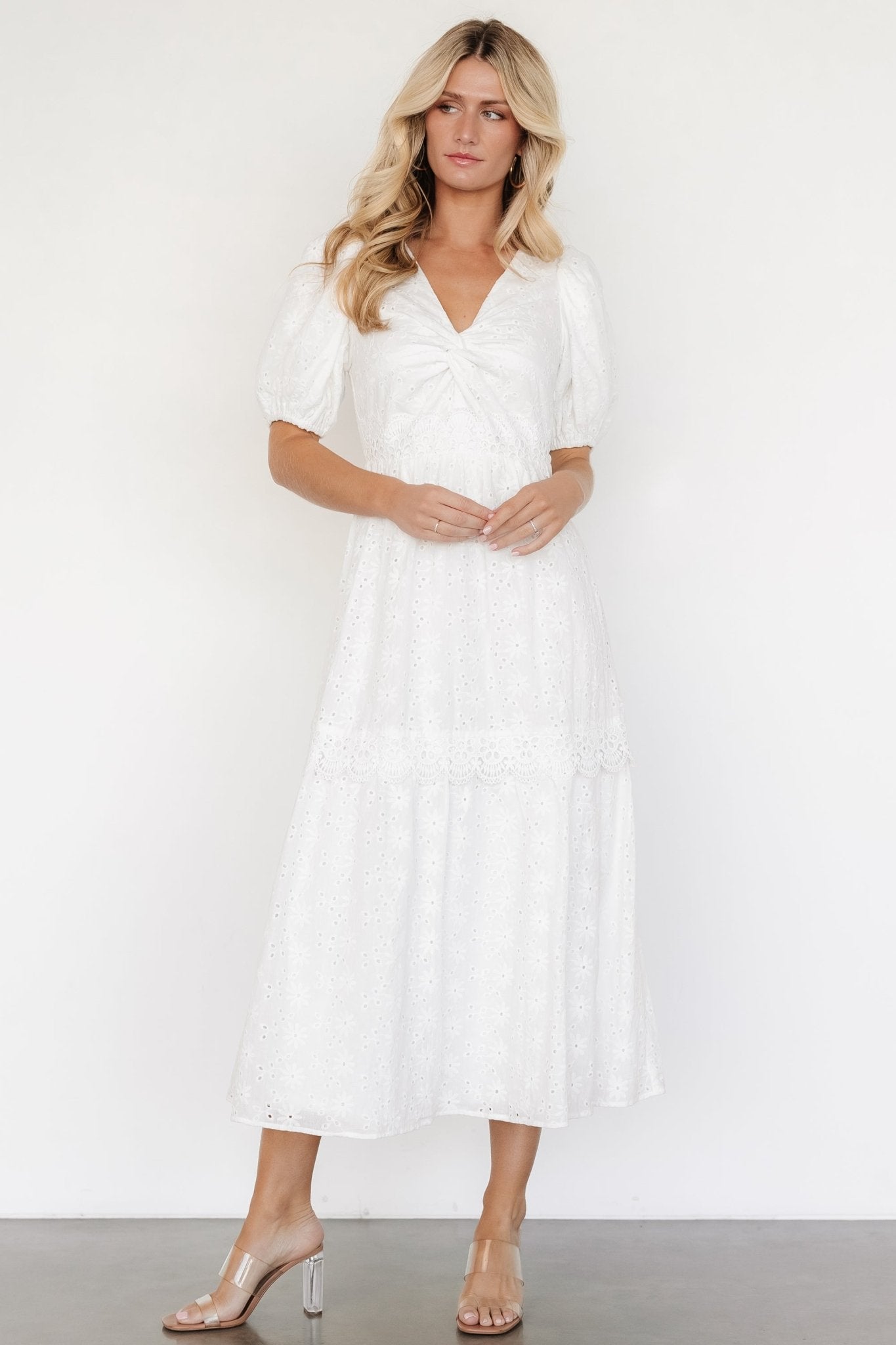 Baltic Born Off White Floral Eyelet Maxi Dress with V-Neck