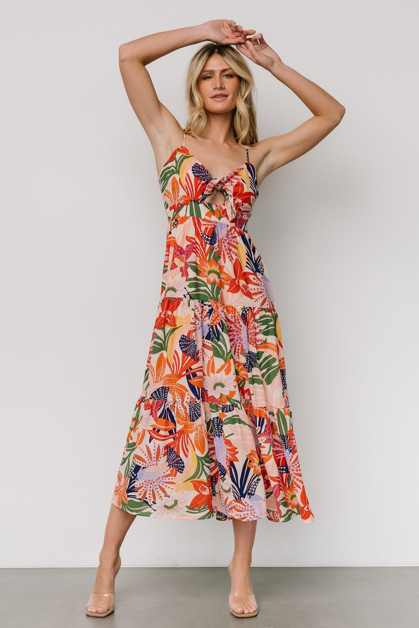 Jaide Floral Print Midi Dress with V-Neck & Smocked Back