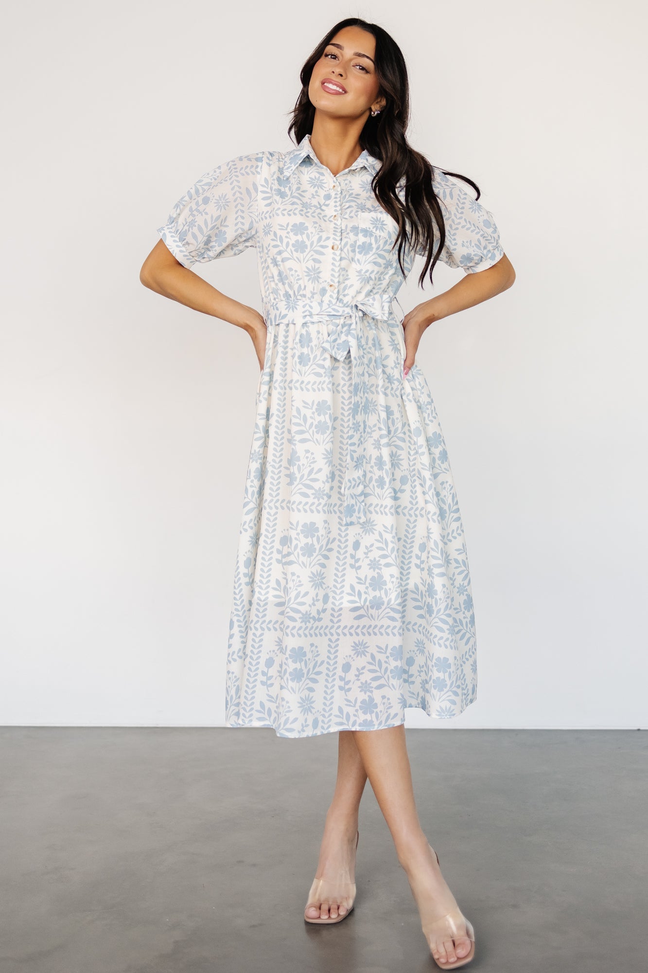 Light Blue Floral Midi Dress with Puff Sleeves – Jamila