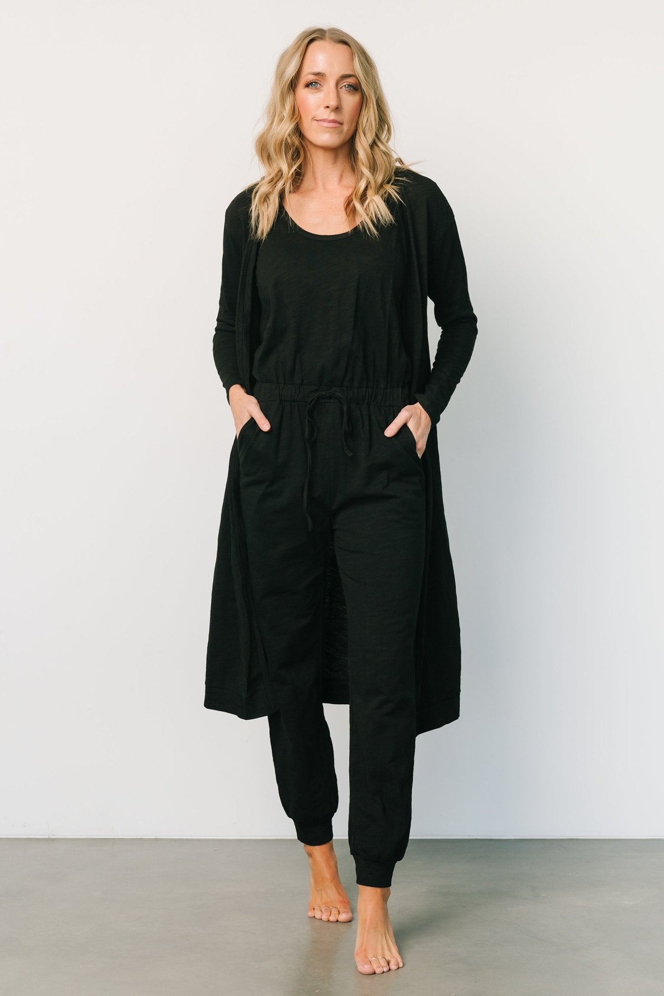 Black Janae Jumpsuit & Cardigan Set - Oversized Cotton Lounge Outfit