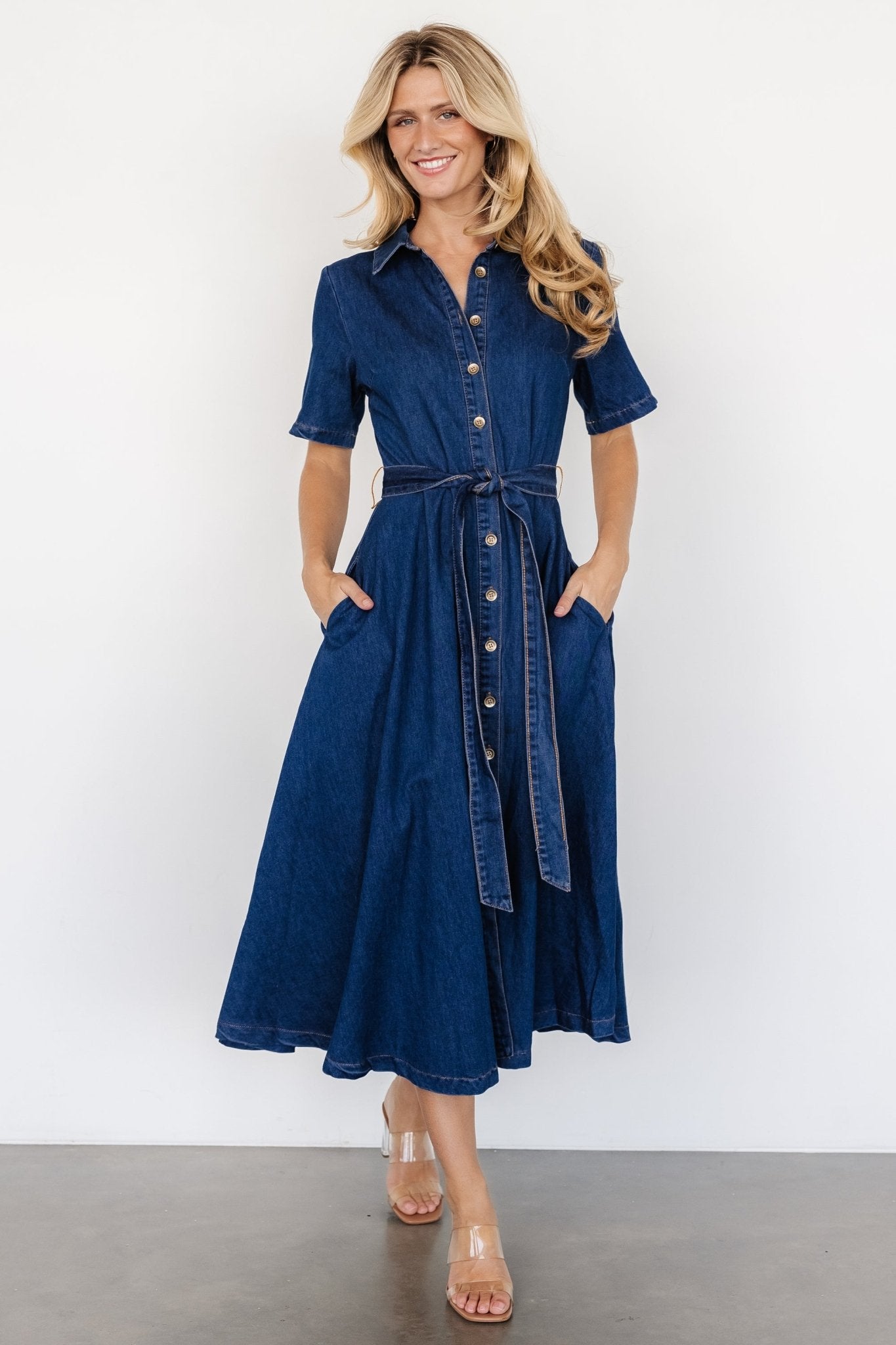 Baltic Born Janelle Denim Midi Dress with Belt & Pockets