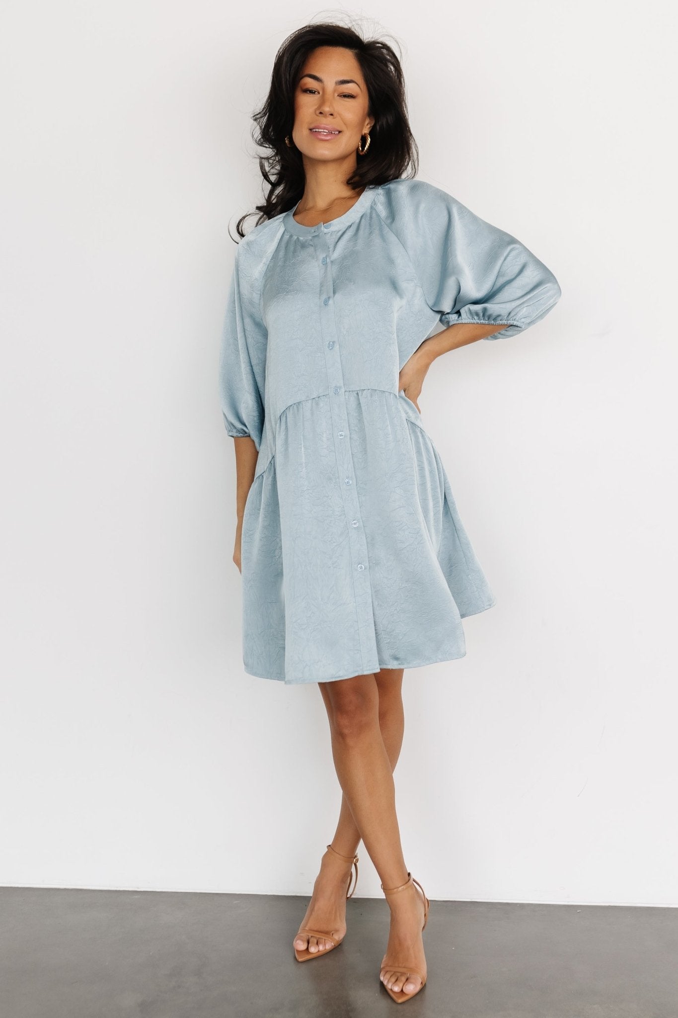Baltic Born Janice Blue Button-Up Silky Dress with Dropped Waist