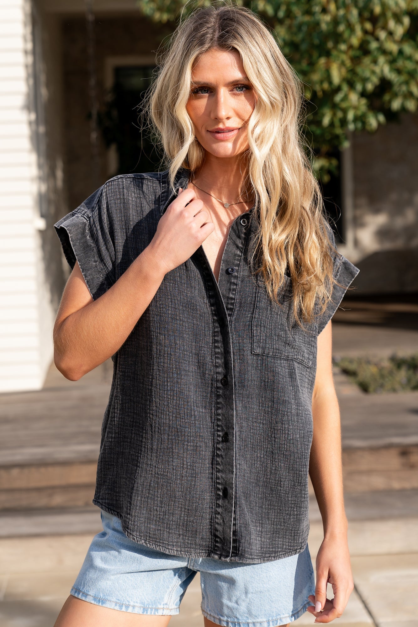 Jaye Cotton Button-Up Shirt for Women - Washed Black Nursing Friendly