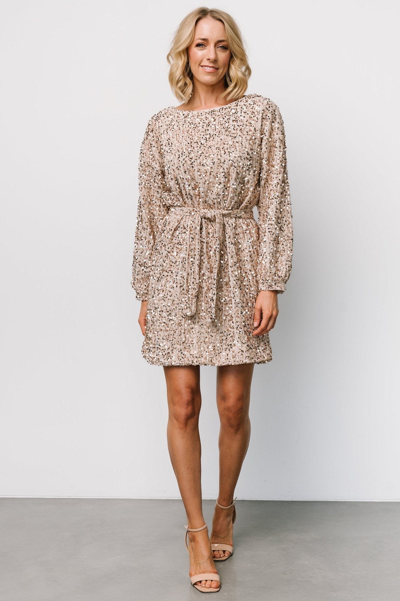 Jelena Champagne Sequin Party Dress with Long Sleeves