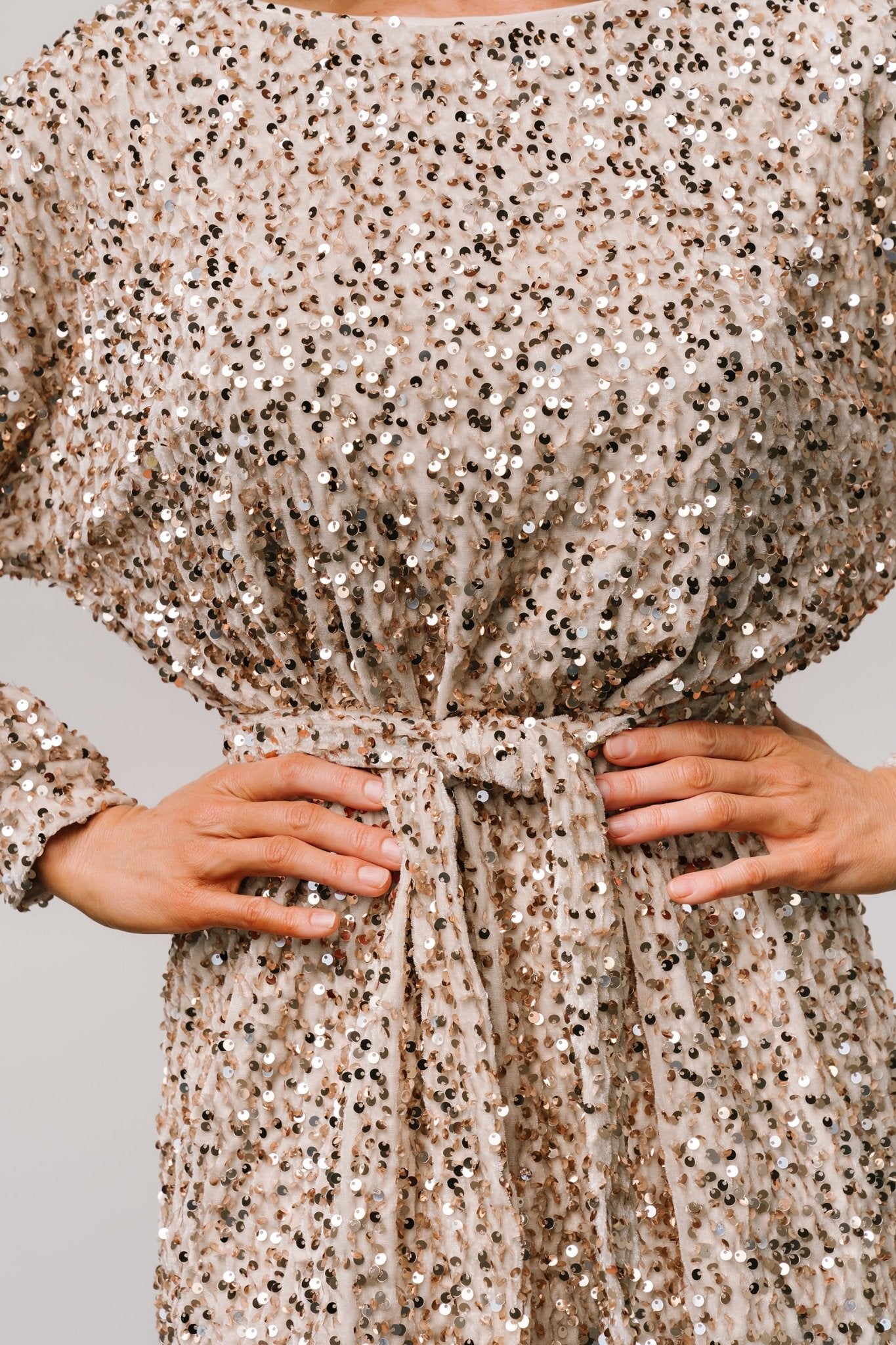 Jelena Champagne Sequin Party Dress with Long Sleeves