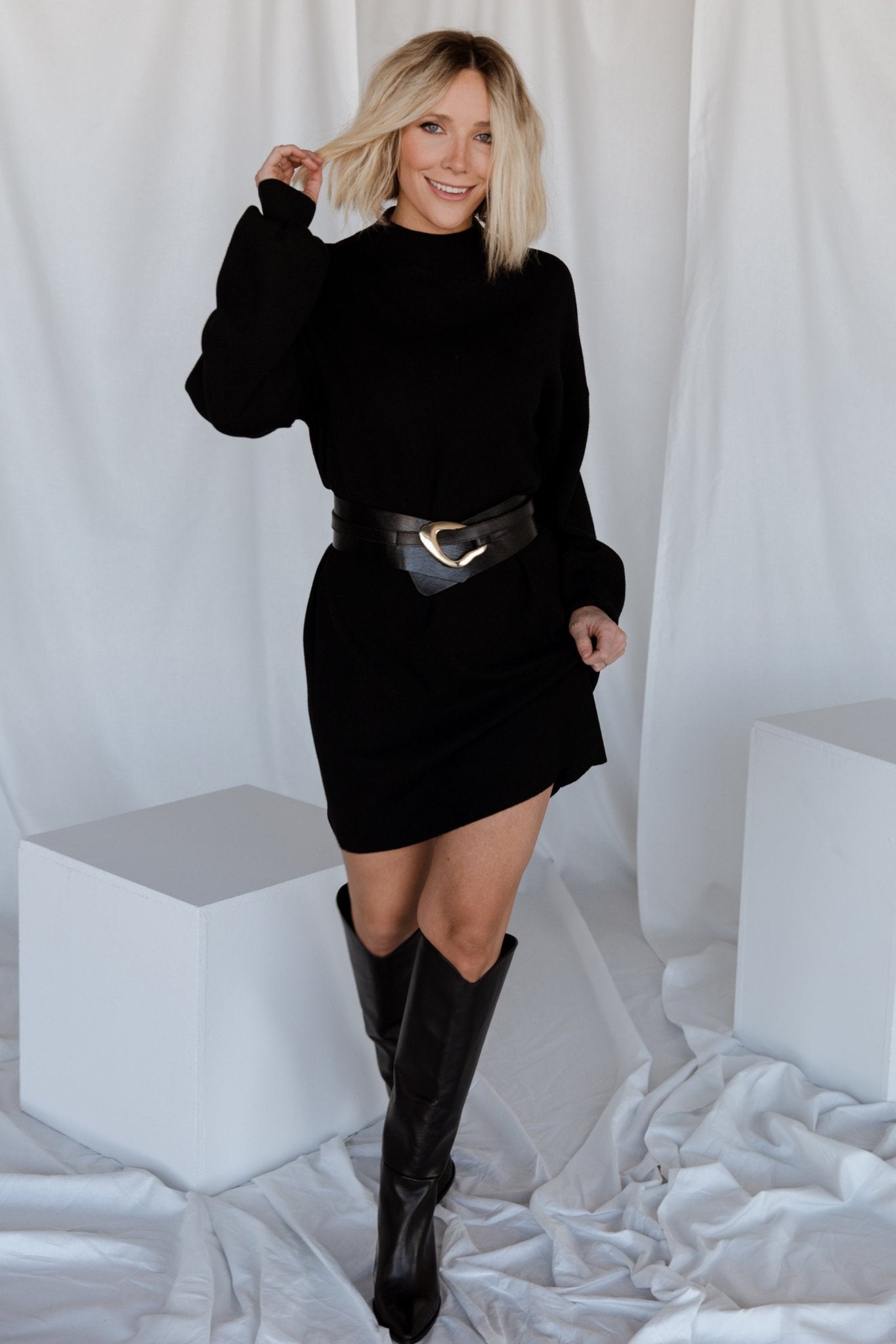 Jennings Black Knit Sweater Dress with Mock Neck