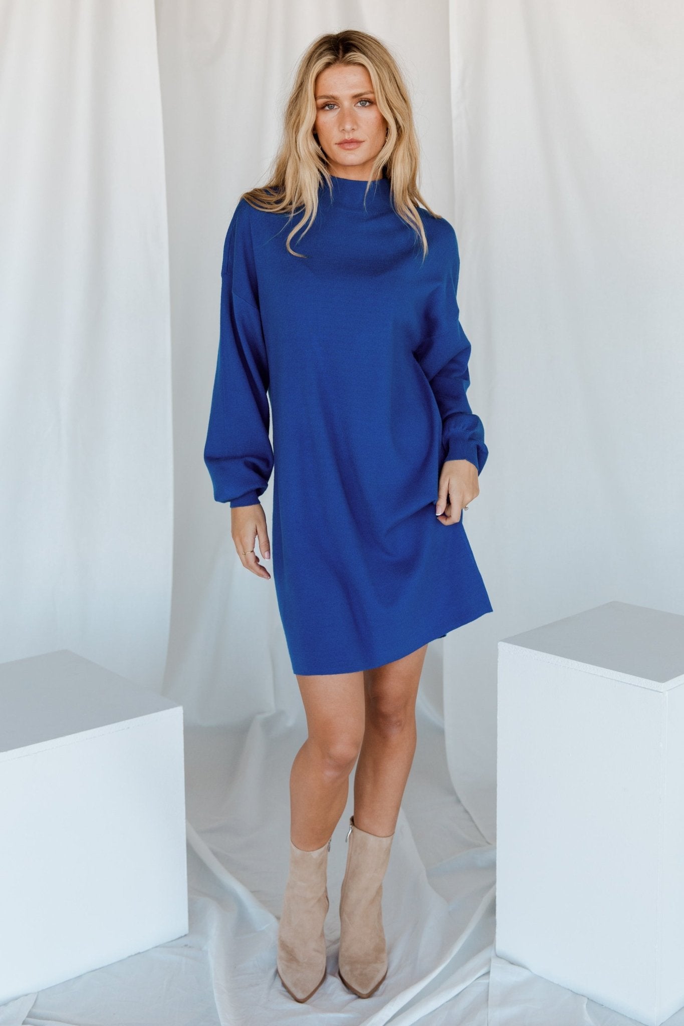 Jennings Cobalt Blue Knit Sweater Dress with Mock Neck