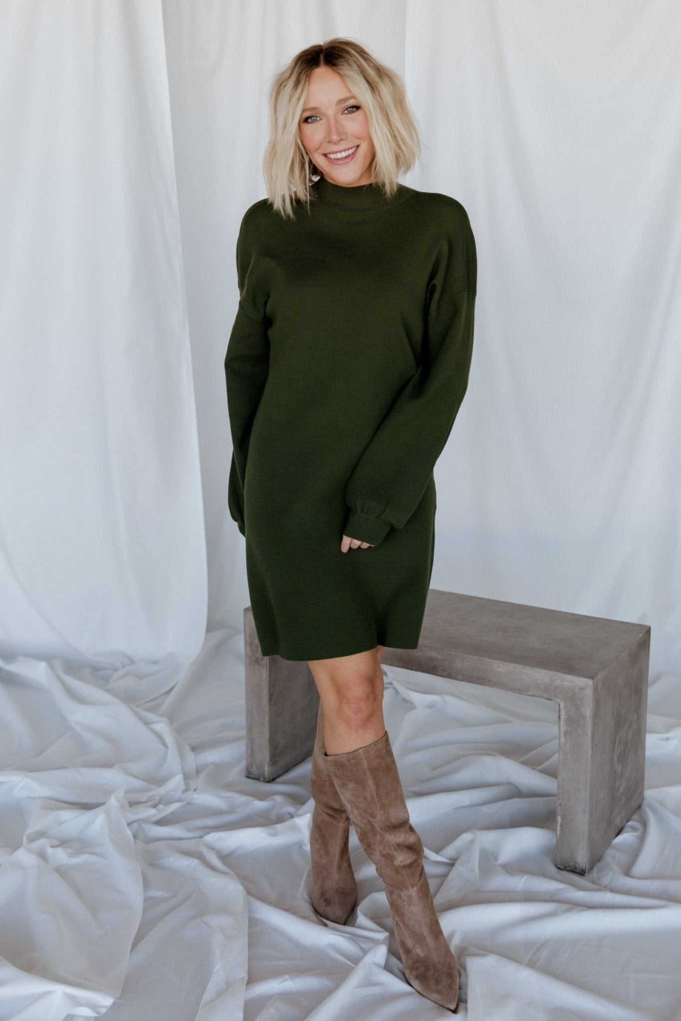 Jennings Mock Neck Olive Green Sweater Dress with Bubble Sleeves