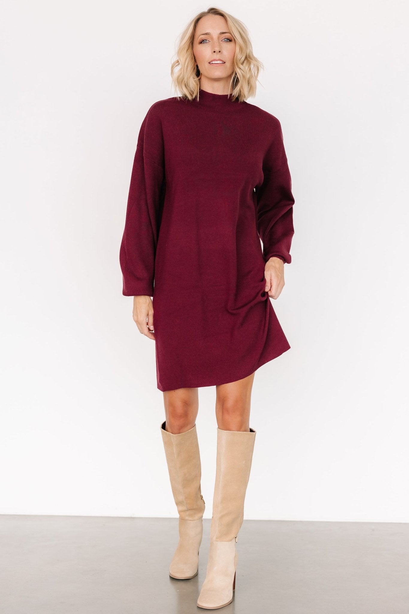Mulberry Mock Neck Knit Sweater Dress with Bubble Sleeves