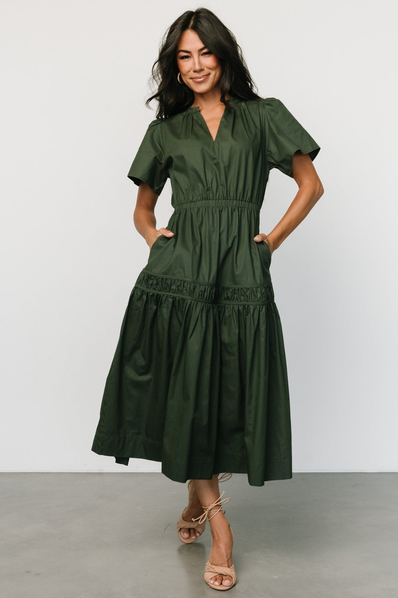Baltic Born Deep Green Cotton Midi Dress with Pockets