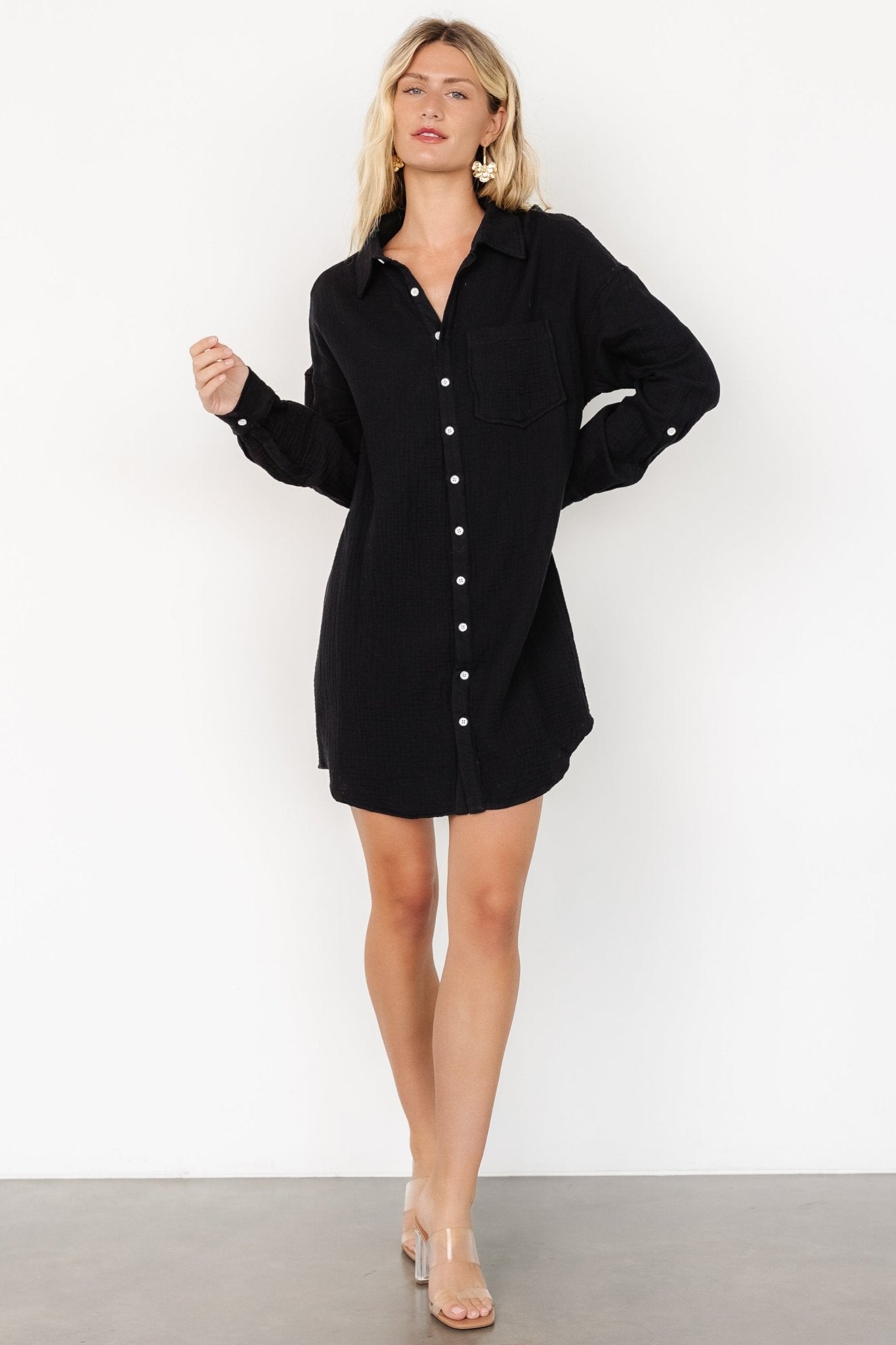 Andres Black Oversized Button Shirt Dress with Pocket