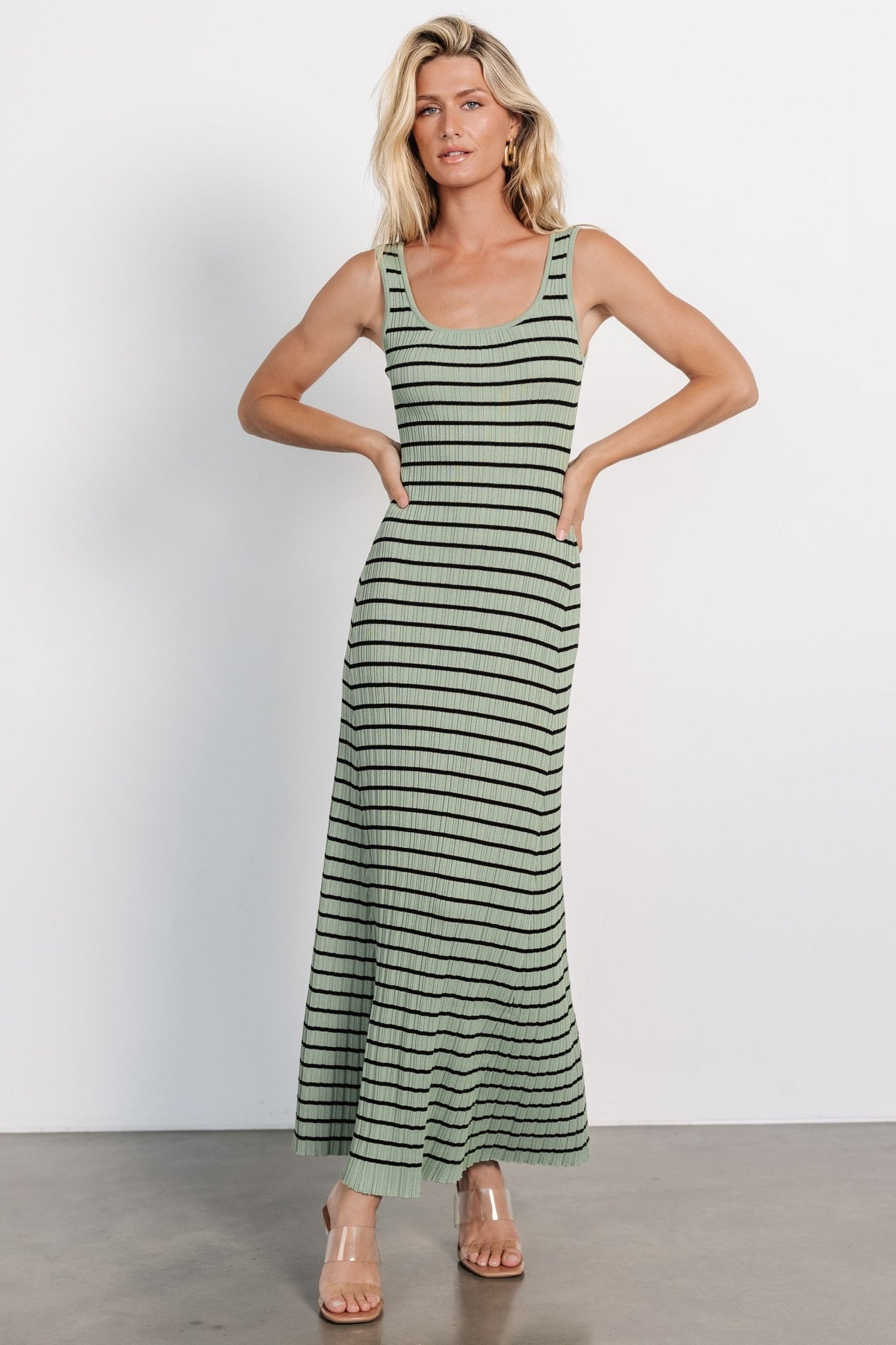 Jesse Ribbed Knit Maxi Dress in Olive & Black Stripes