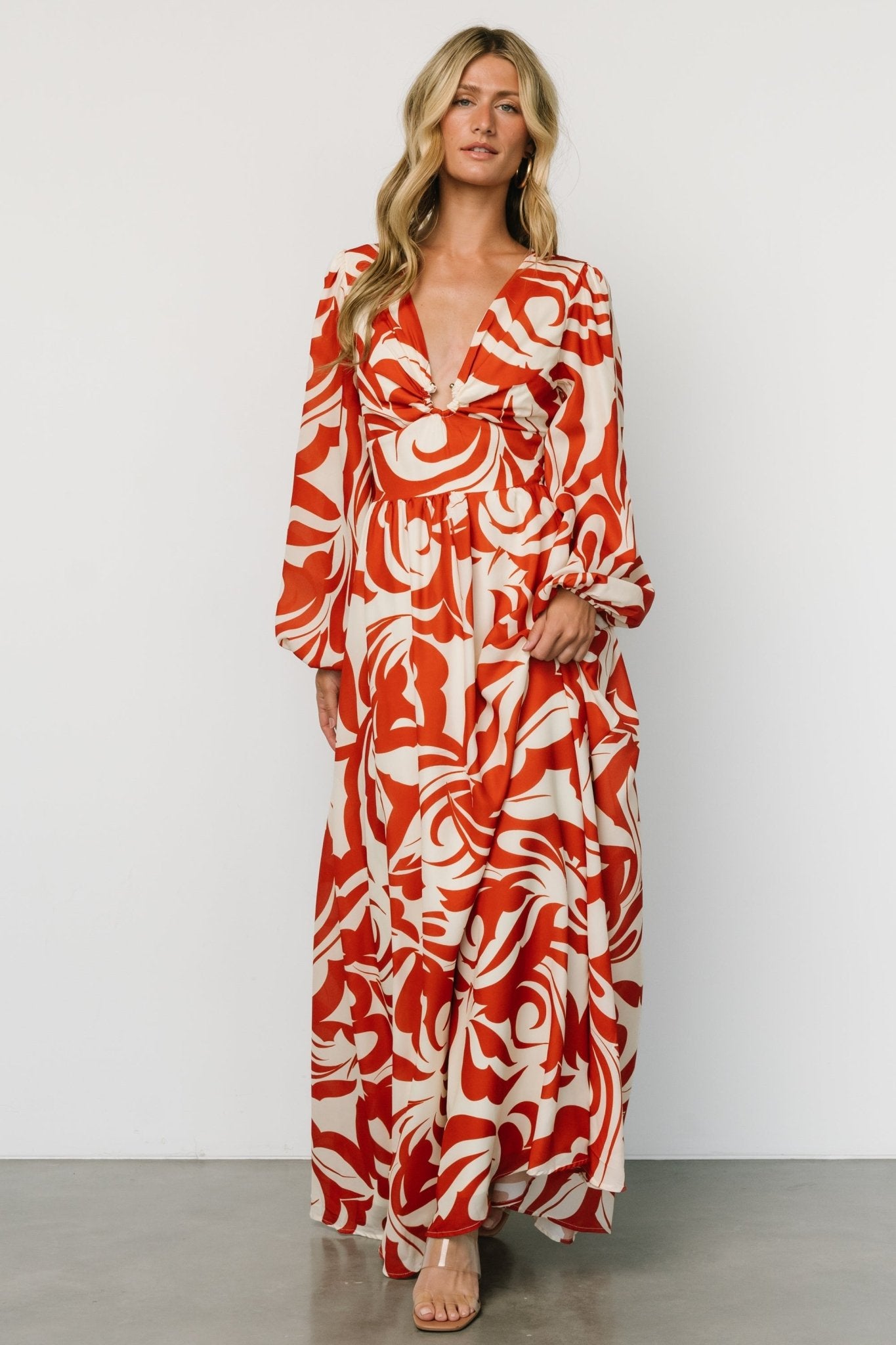 Cream & Rust Floral Maxi Dress with V-Neck & Gold Hoop Detail
