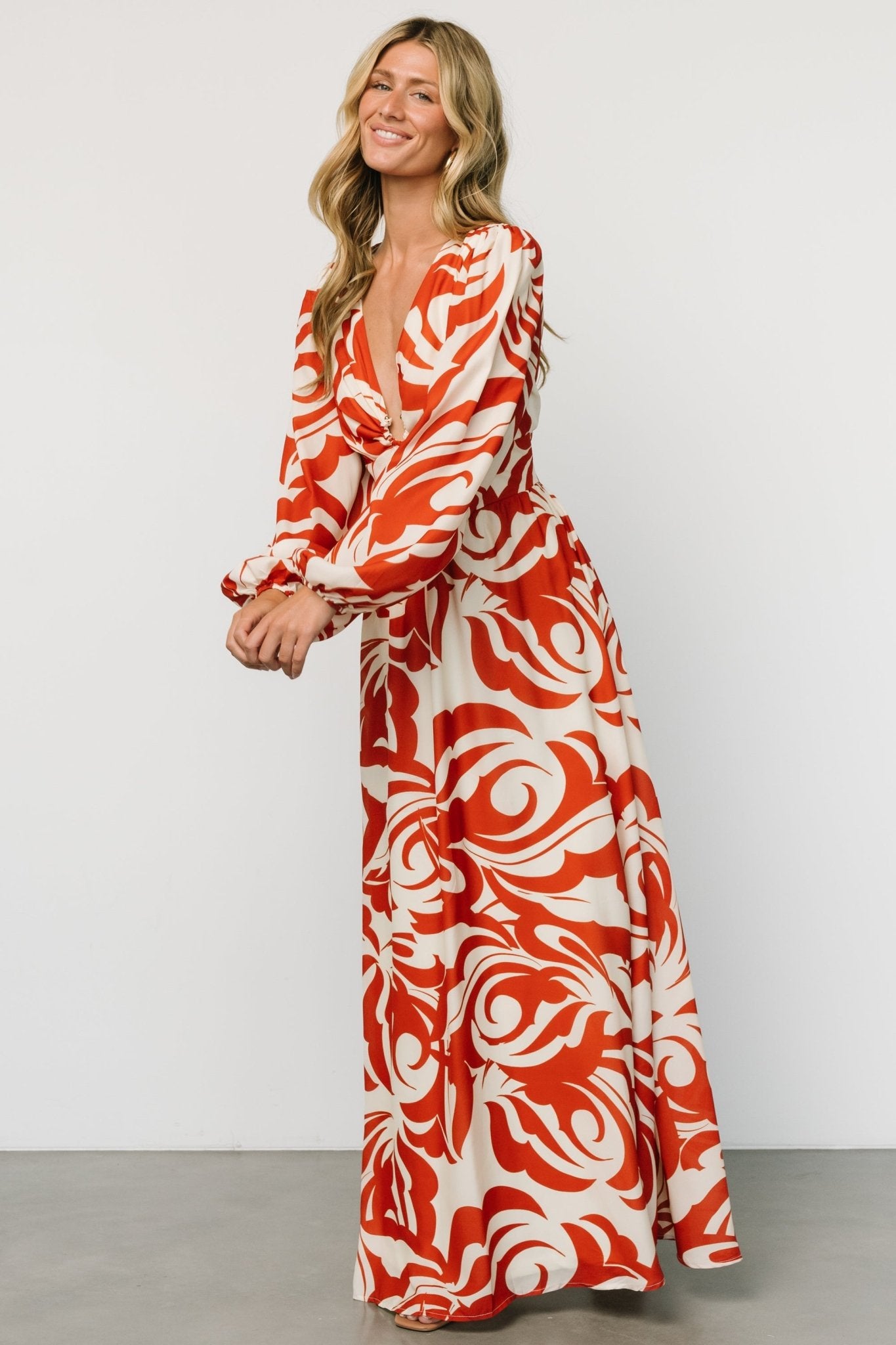 Cream & Rust Floral Maxi Dress with V-Neck & Gold Hoop Detail