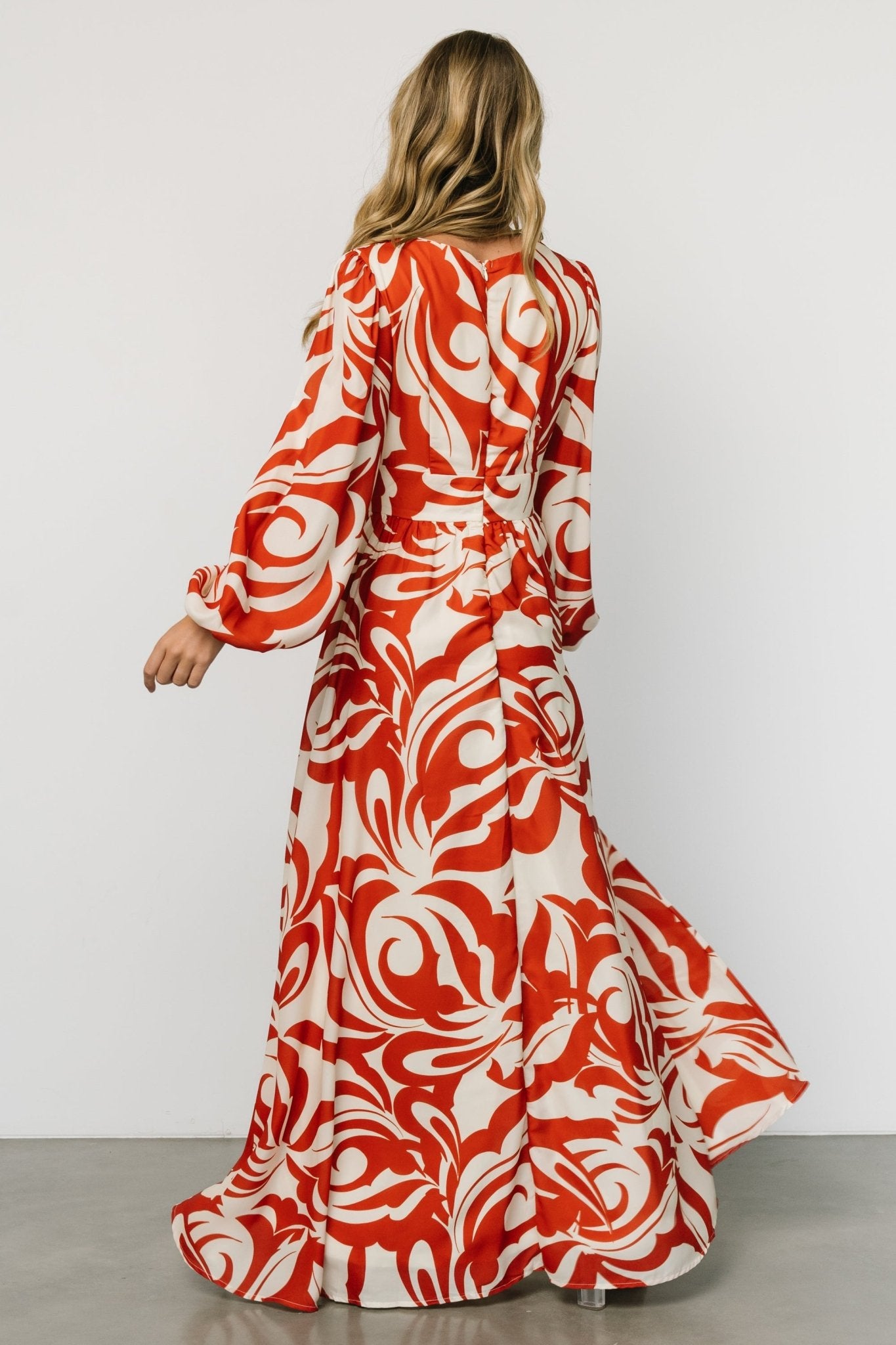 Cream & Rust Floral Maxi Dress with V-Neck & Gold Hoop Detail