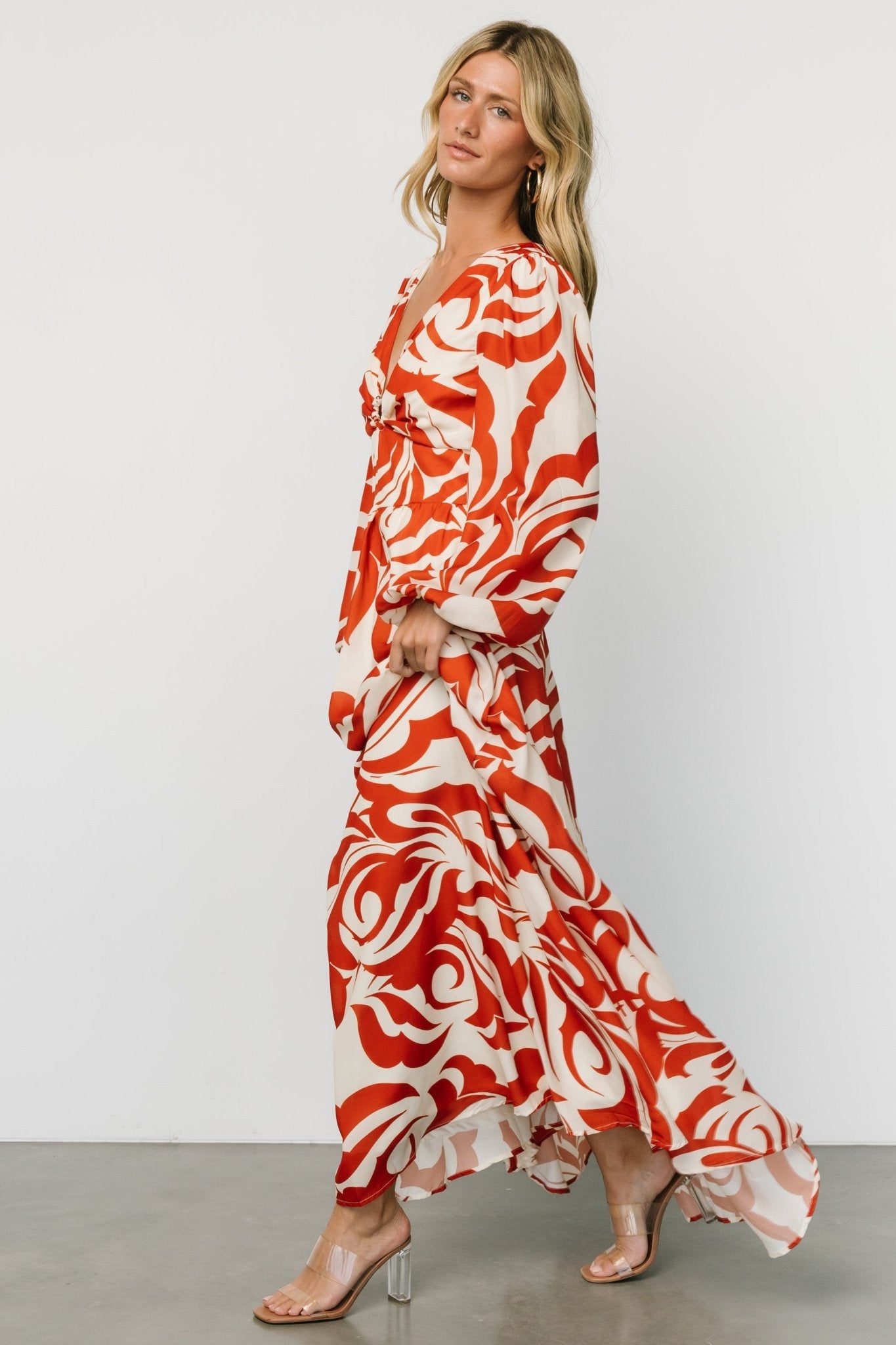 Cream & Rust Floral Maxi Dress with V-Neck & Gold Hoop Detail