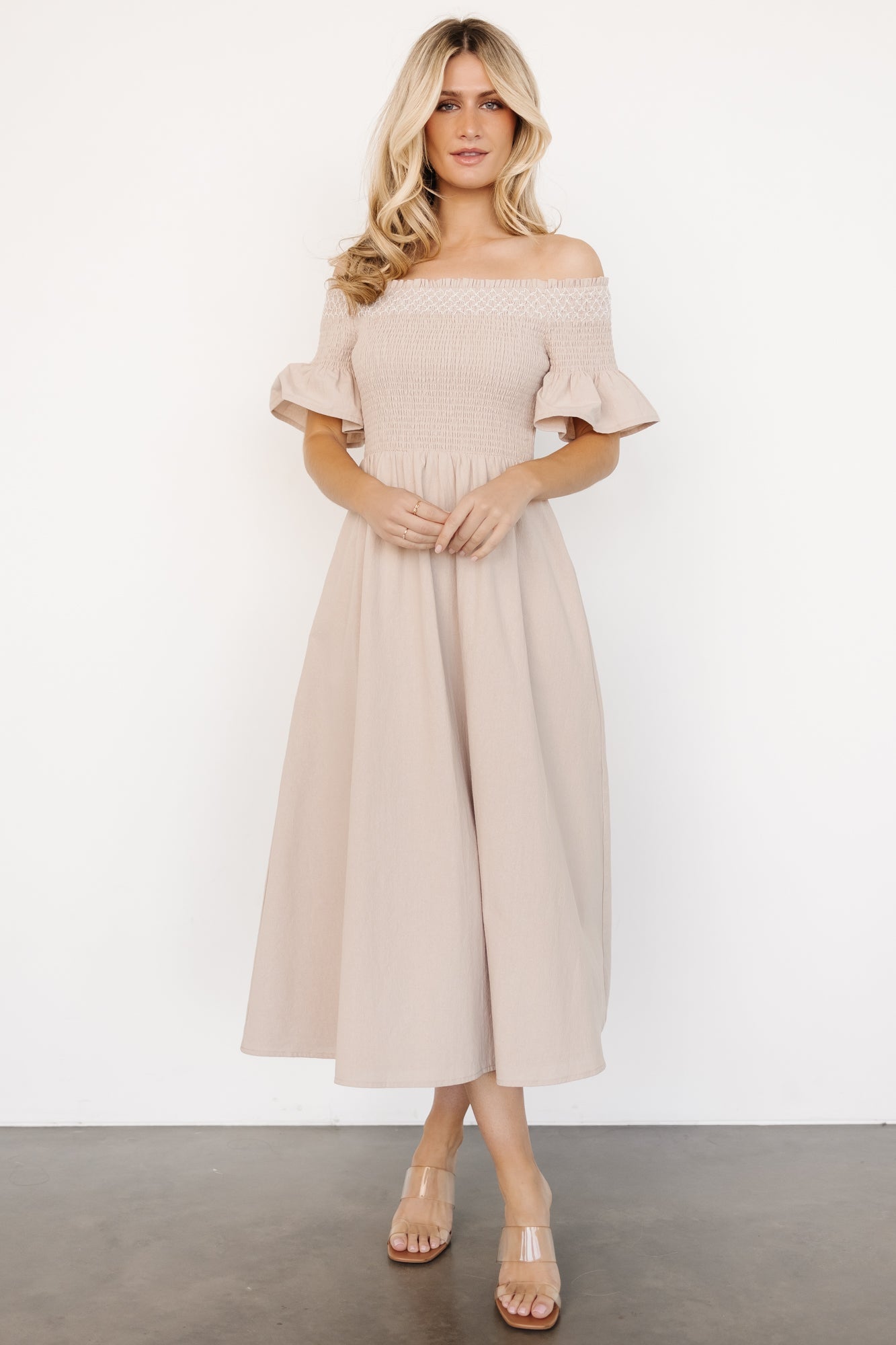 Off Shoulder Linen Dress with Smocked Bodice - Baltic Born