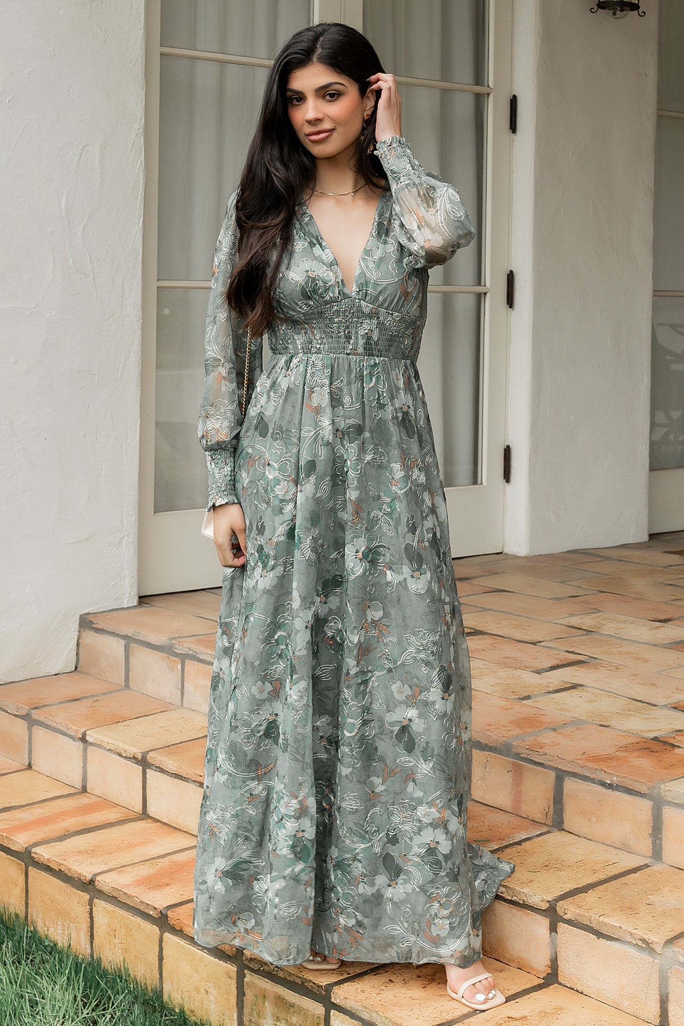 Sage Gold Floral Embroidered Tulle Dress for Special Occasions