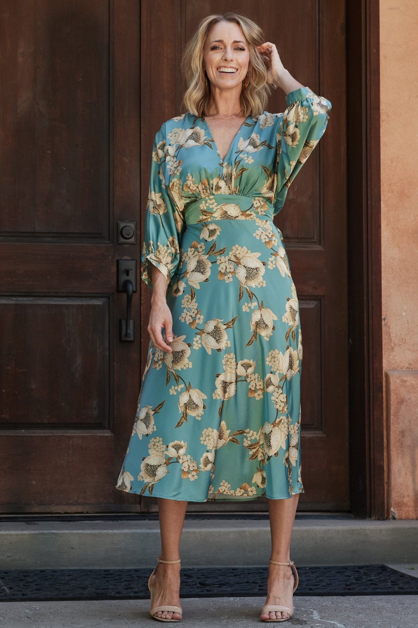 Baltic Born Joni Blue Floral Satin Midi Dress with V-Neck