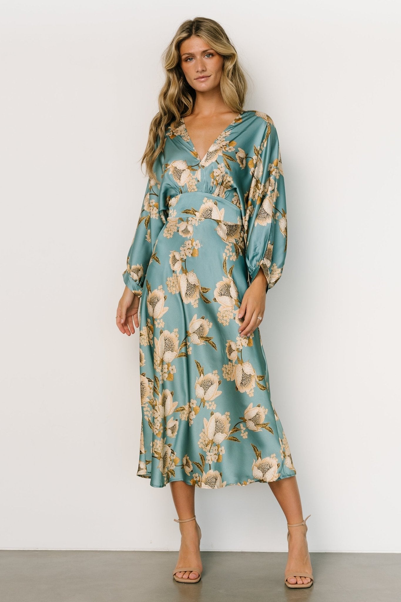 Baltic Born Joni Blue Floral Satin Midi Dress with V-Neck