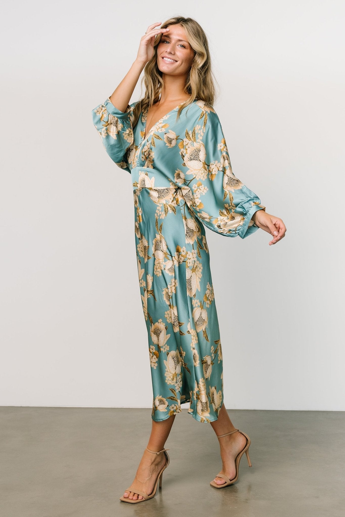 Baltic Born Joni Blue Floral Satin Midi Dress with V-Neck