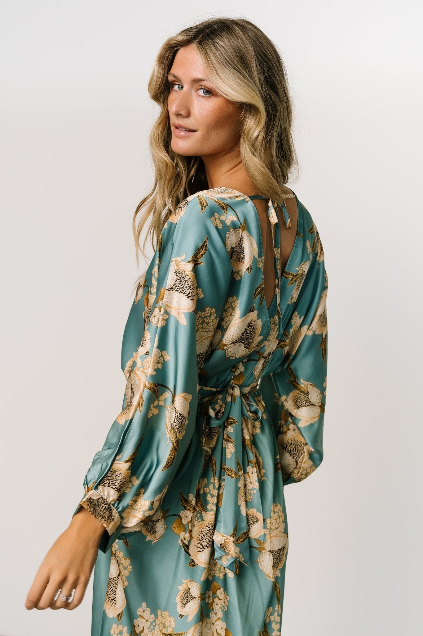 Baltic Born Joni Blue Floral Satin Midi Dress with V-Neck