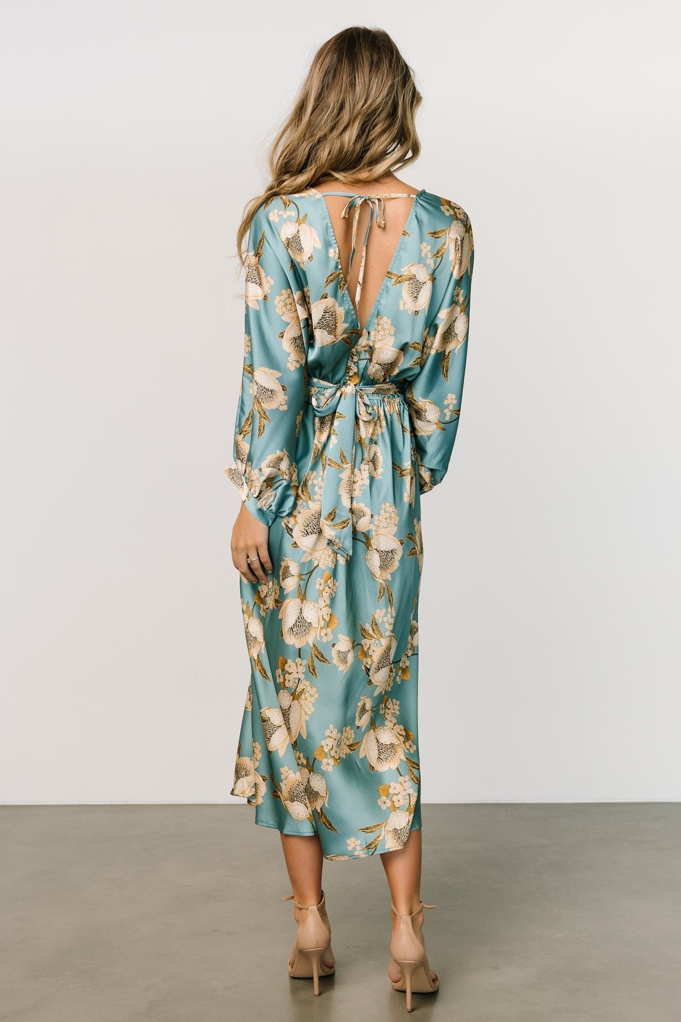 Baltic Born Joni Blue Floral Satin Midi Dress with V-Neck