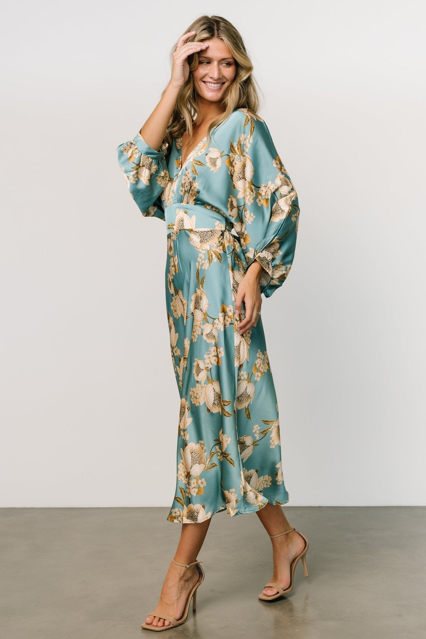 Baltic Born Joni Blue Floral Satin Midi Dress with V-Neck