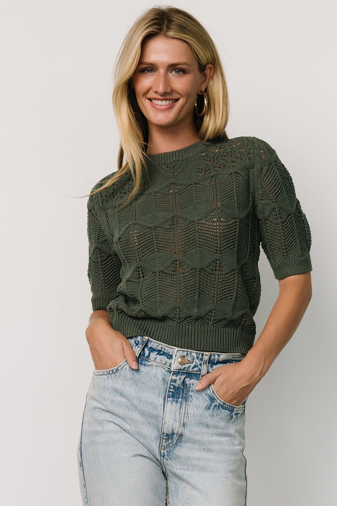 Josella Winter Green Knit Top with Puffed Sleeves