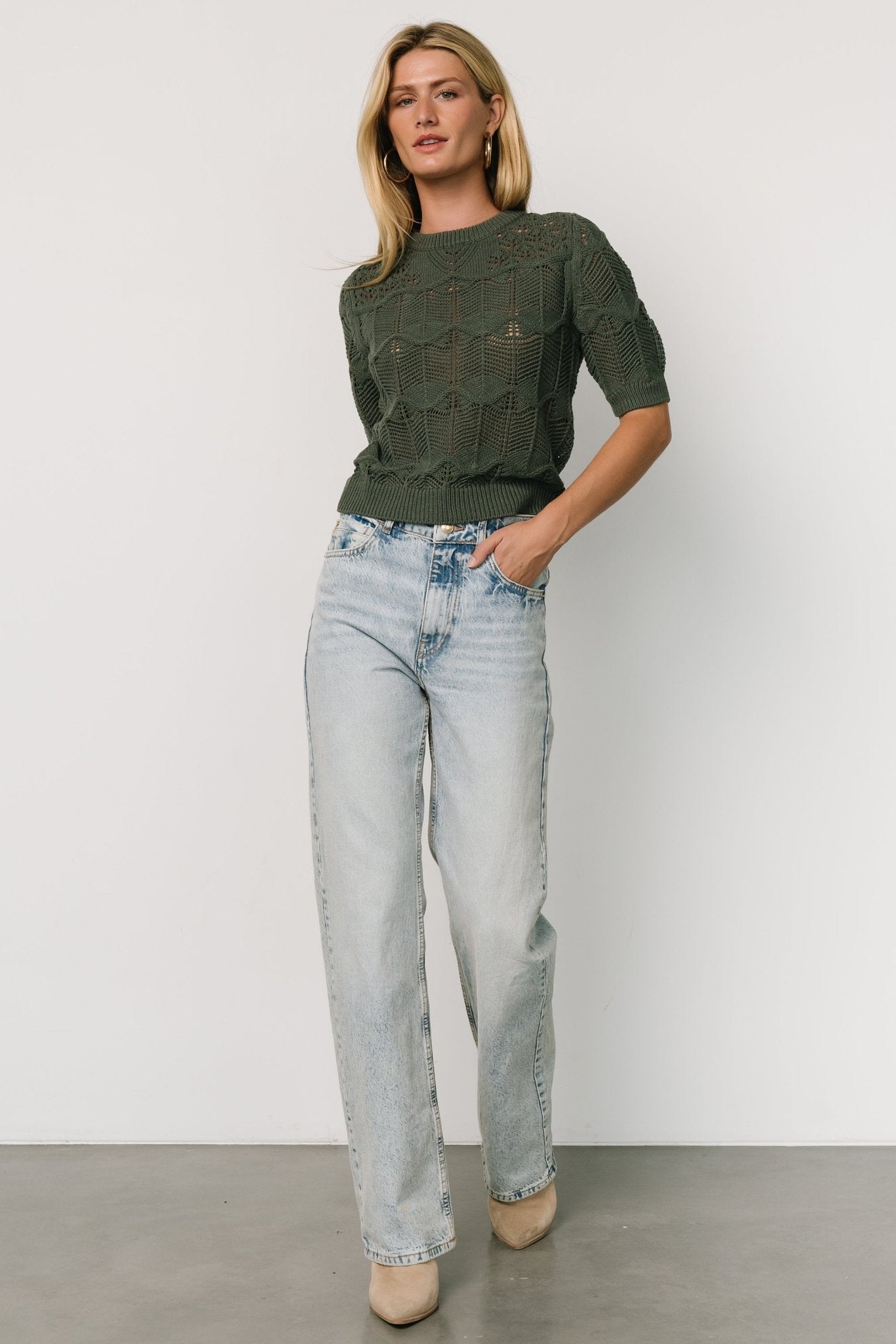 Josella Winter Green Knit Top with Puffed Sleeves