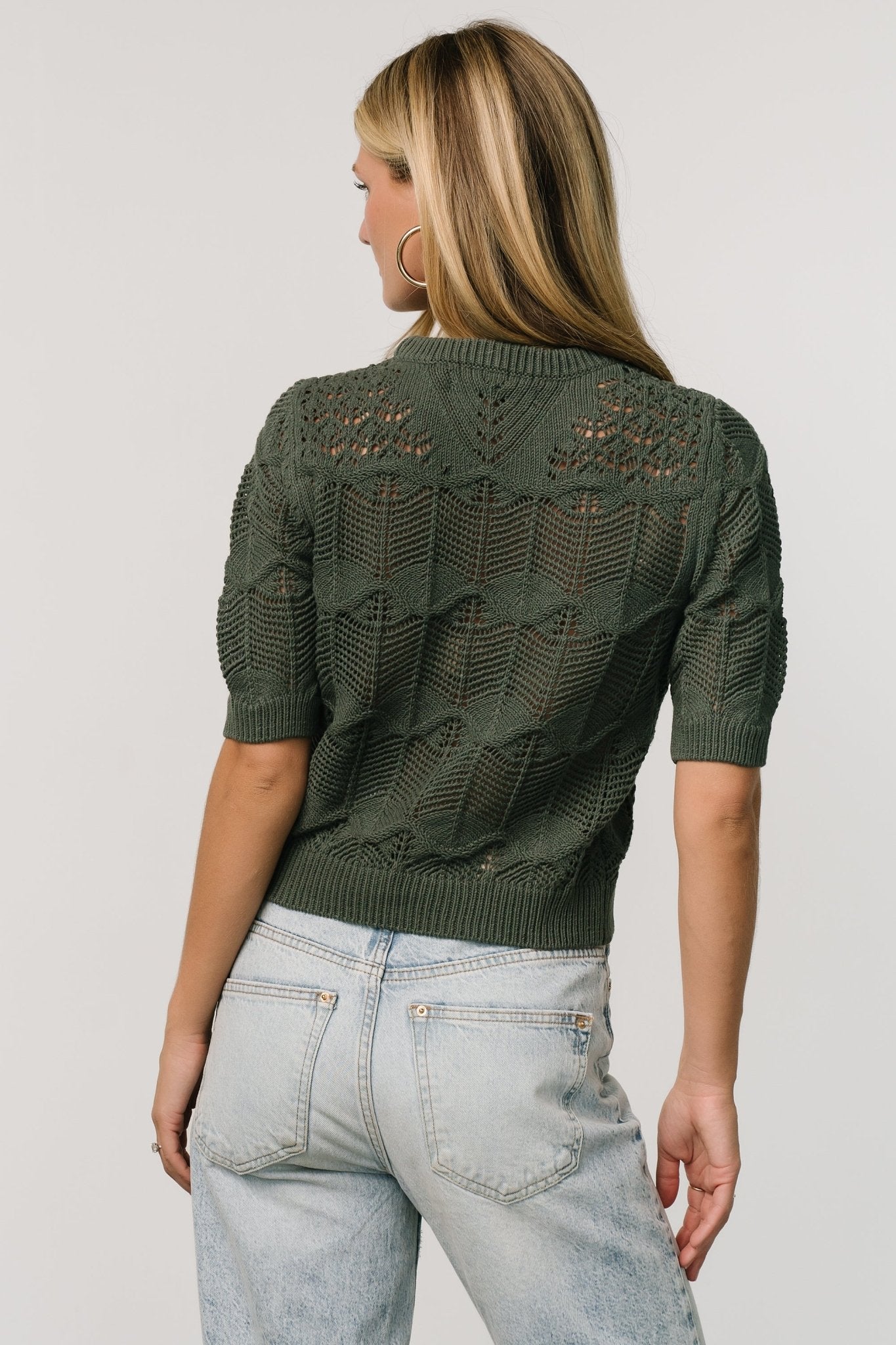 Josella Winter Green Knit Top with Puffed Sleeves