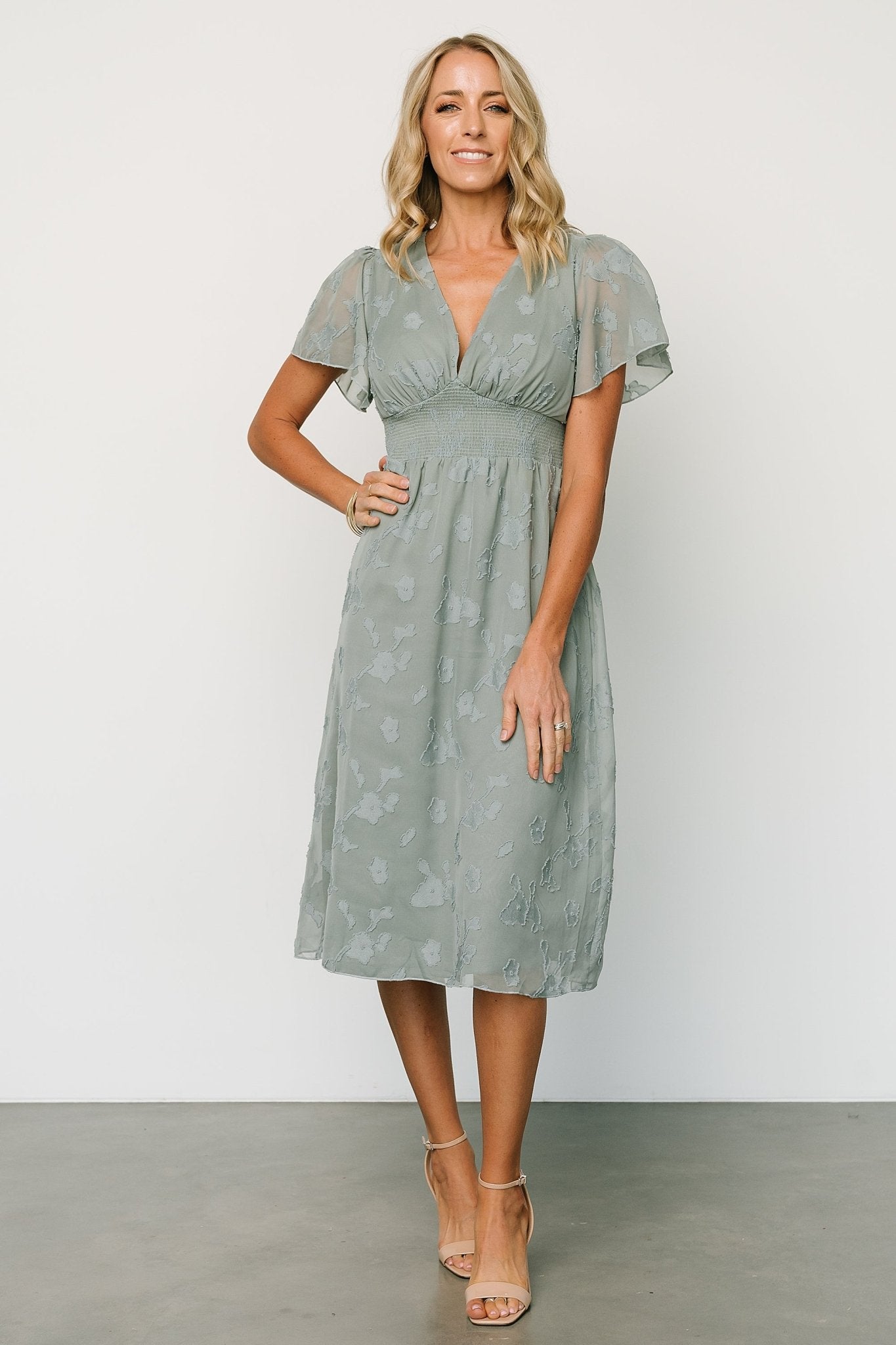 Baltic Born Smocked Floral Midi Dress with V-Neck