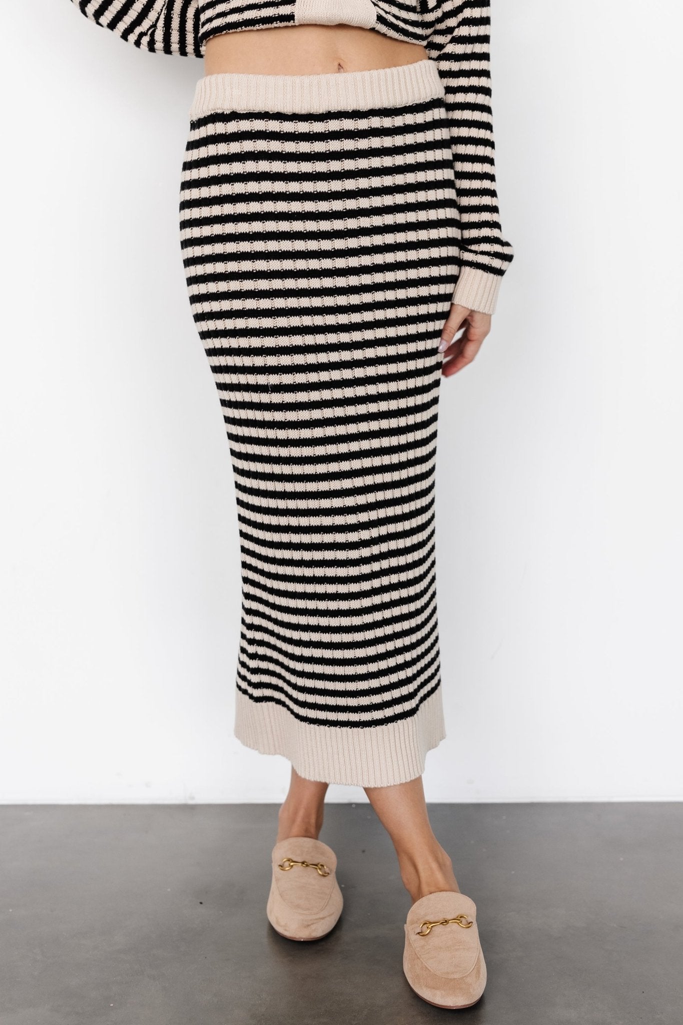 Justina Black & Cream Striped Knit Skirt - Stretch Fit Ribbed Waist