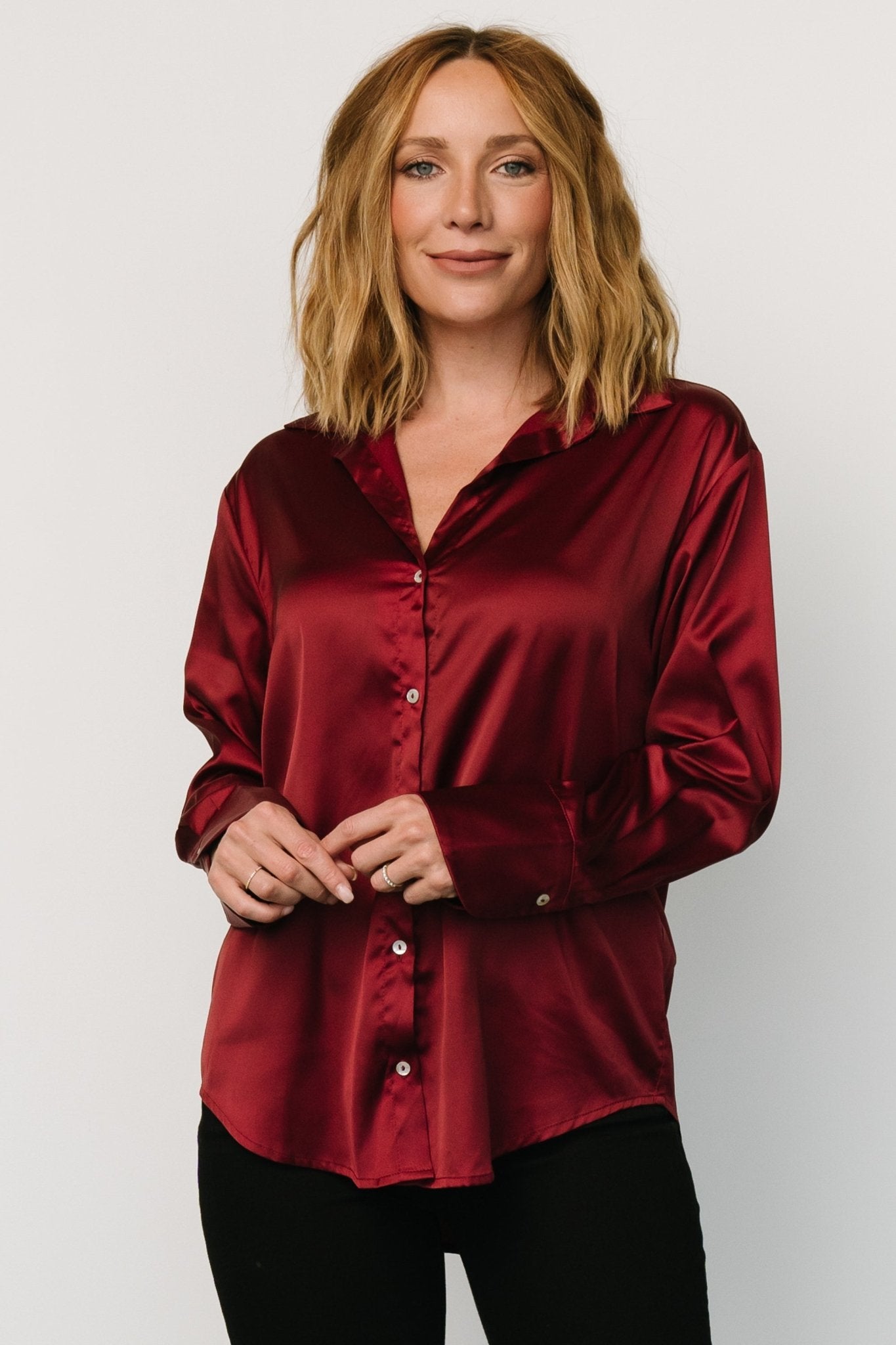 Burgundy Satin Button-Up Blouse by Kacey | Lightweight & Elegant