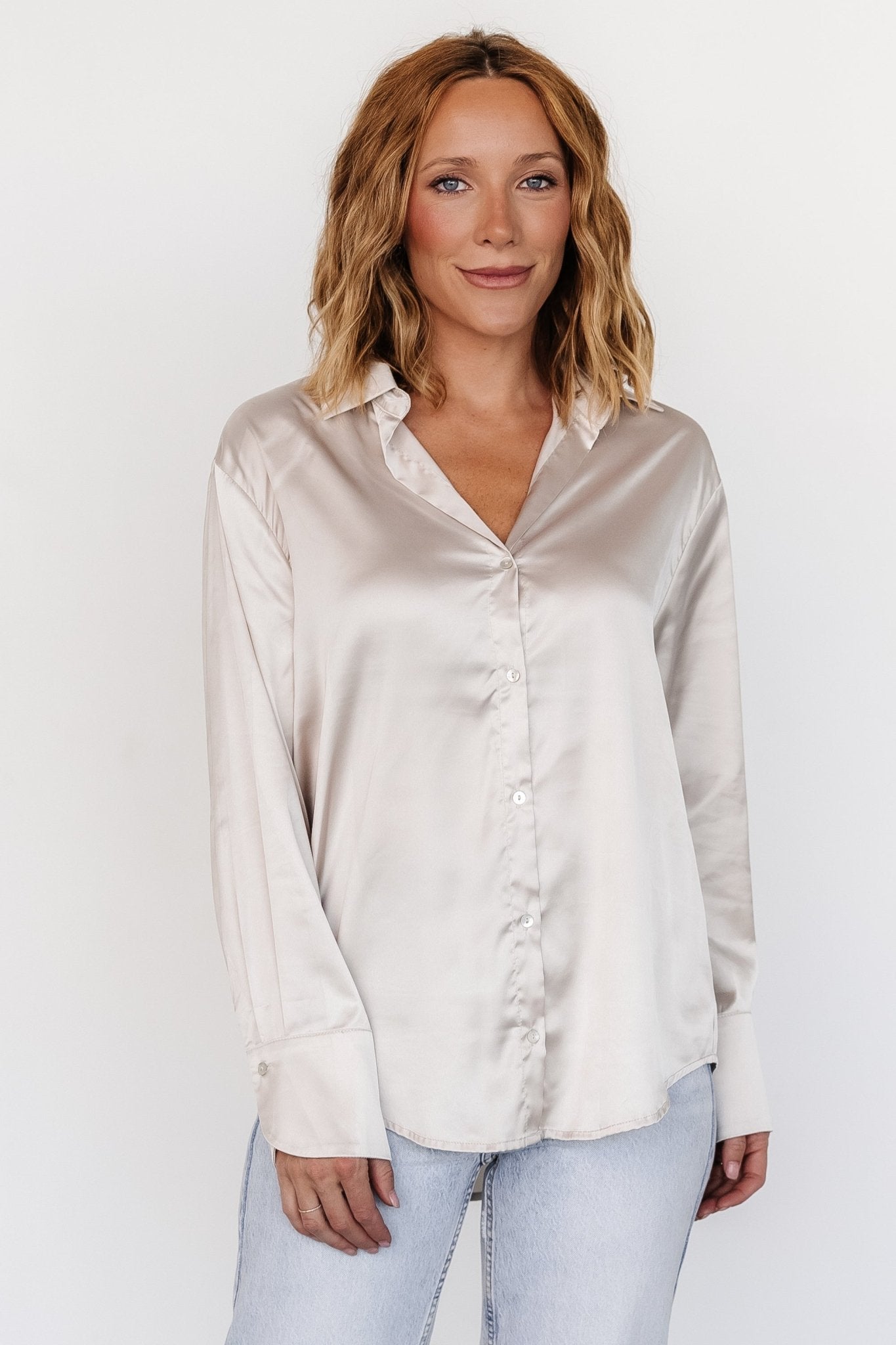 Champagne Satin Button Up Blouse by Kacey | Lightweight & Elegant