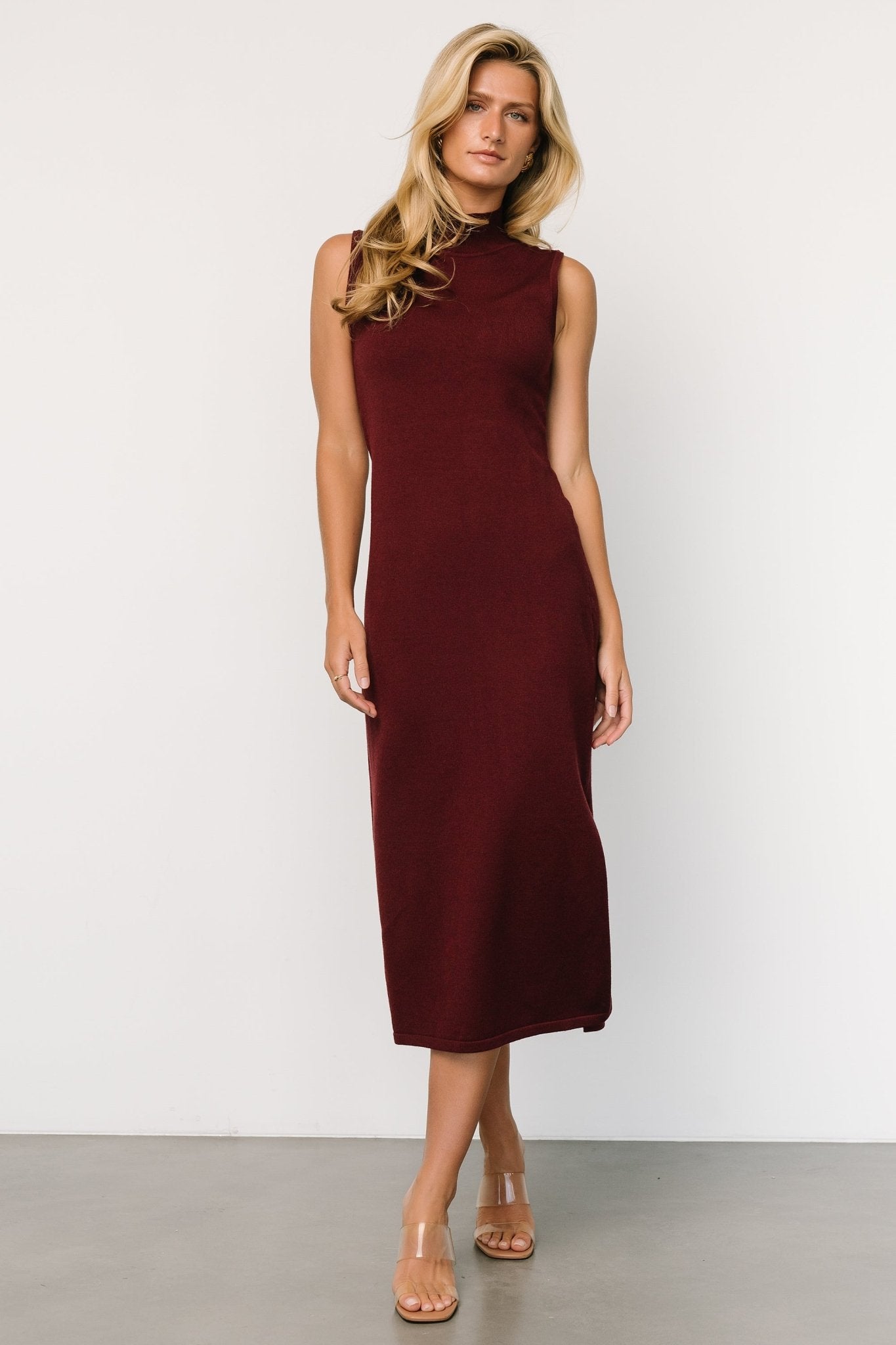 Wine Mock Neck Knit Dress by Baltic Born - Sleeveless & Fitted