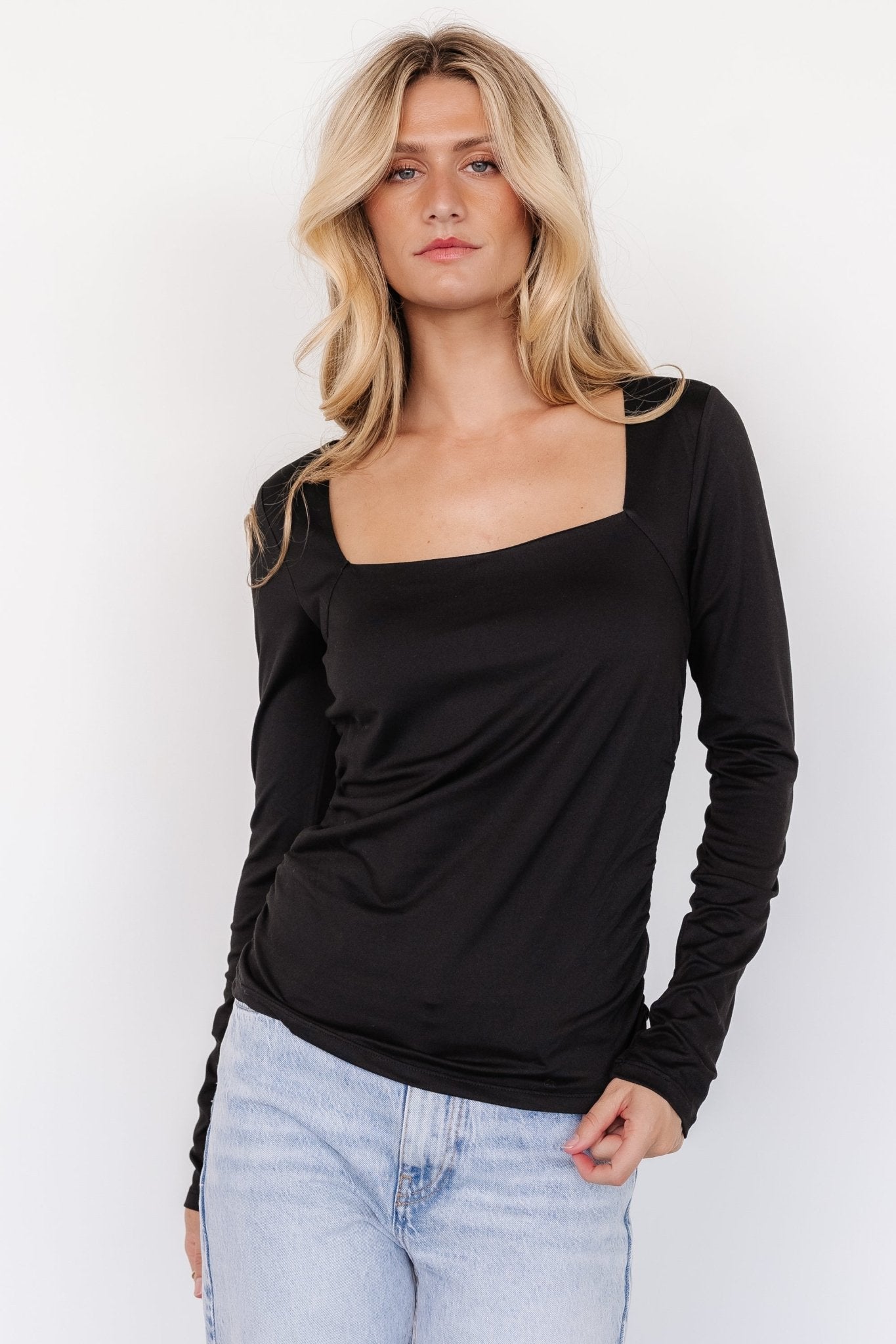 Black Square Neck Long Sleeve Kailee Top with Ruching