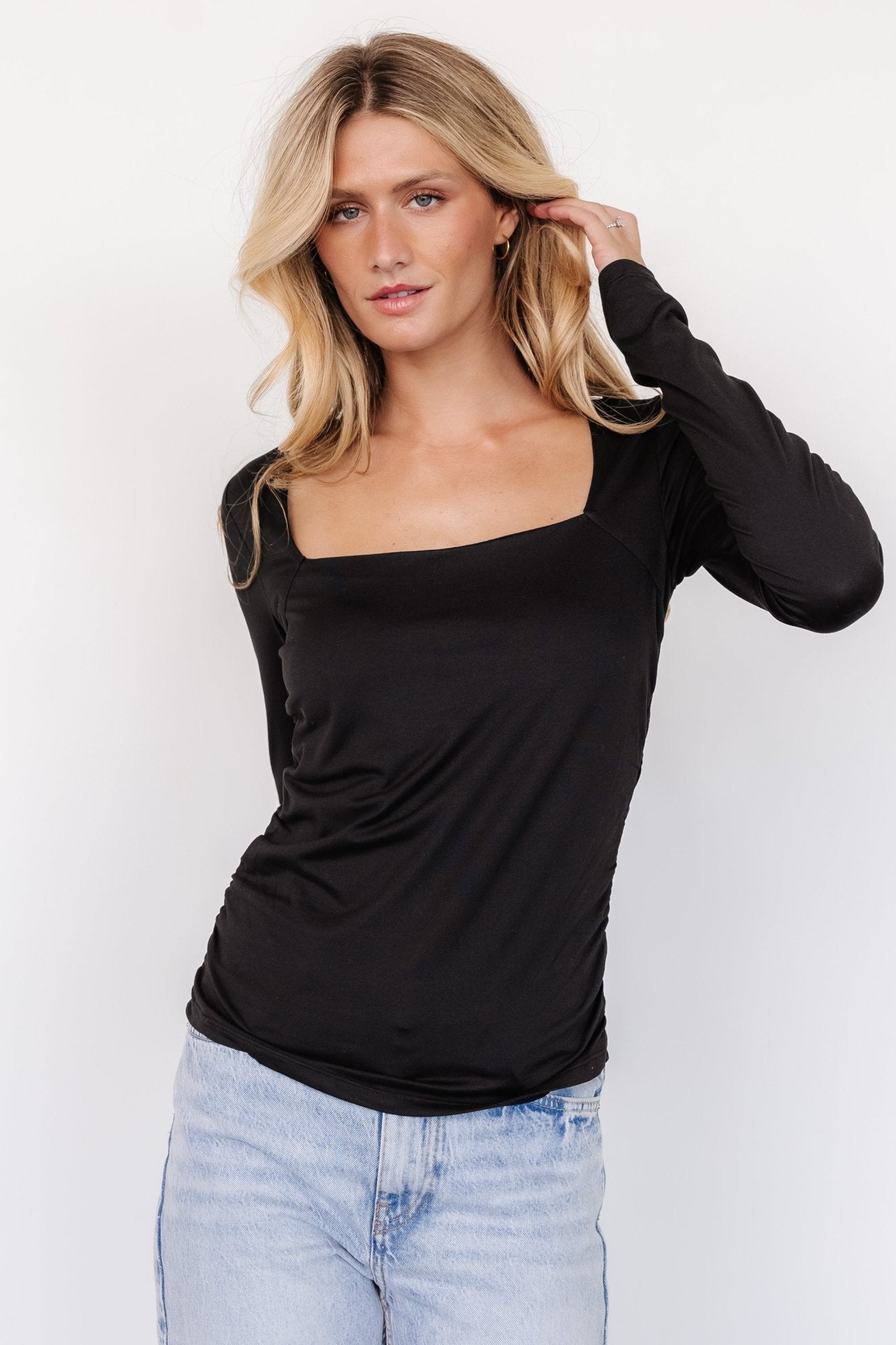 Black Square Neck Long Sleeve Kailee Top with Ruching