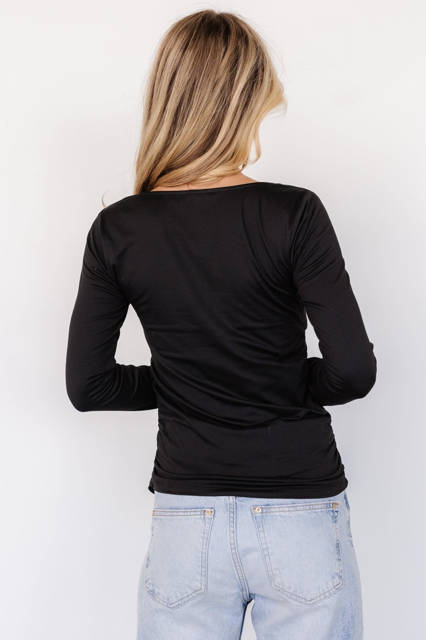 Black Square Neck Long Sleeve Kailee Top with Ruching
