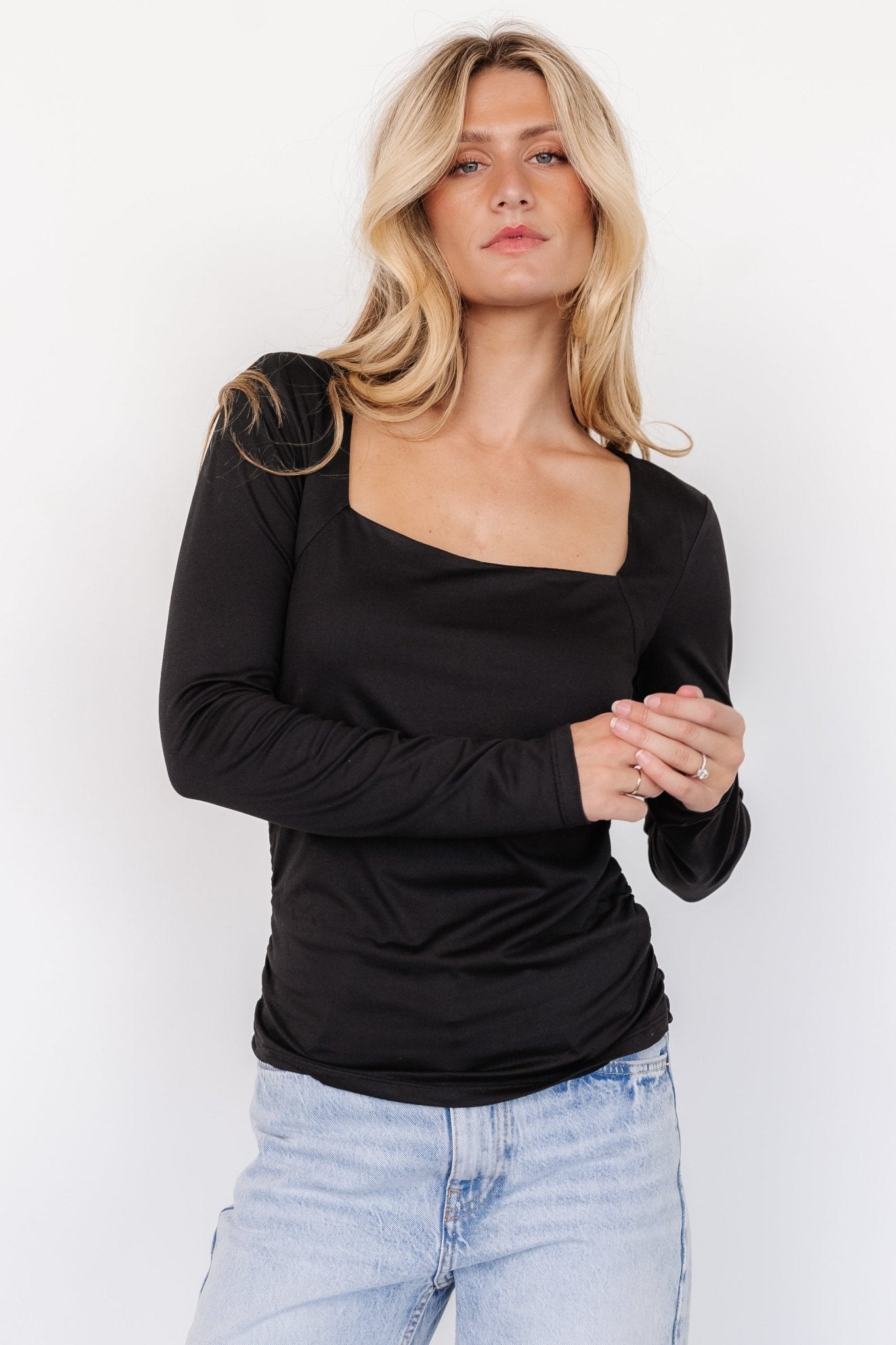 Black Square Neck Long Sleeve Kailee Top with Ruching