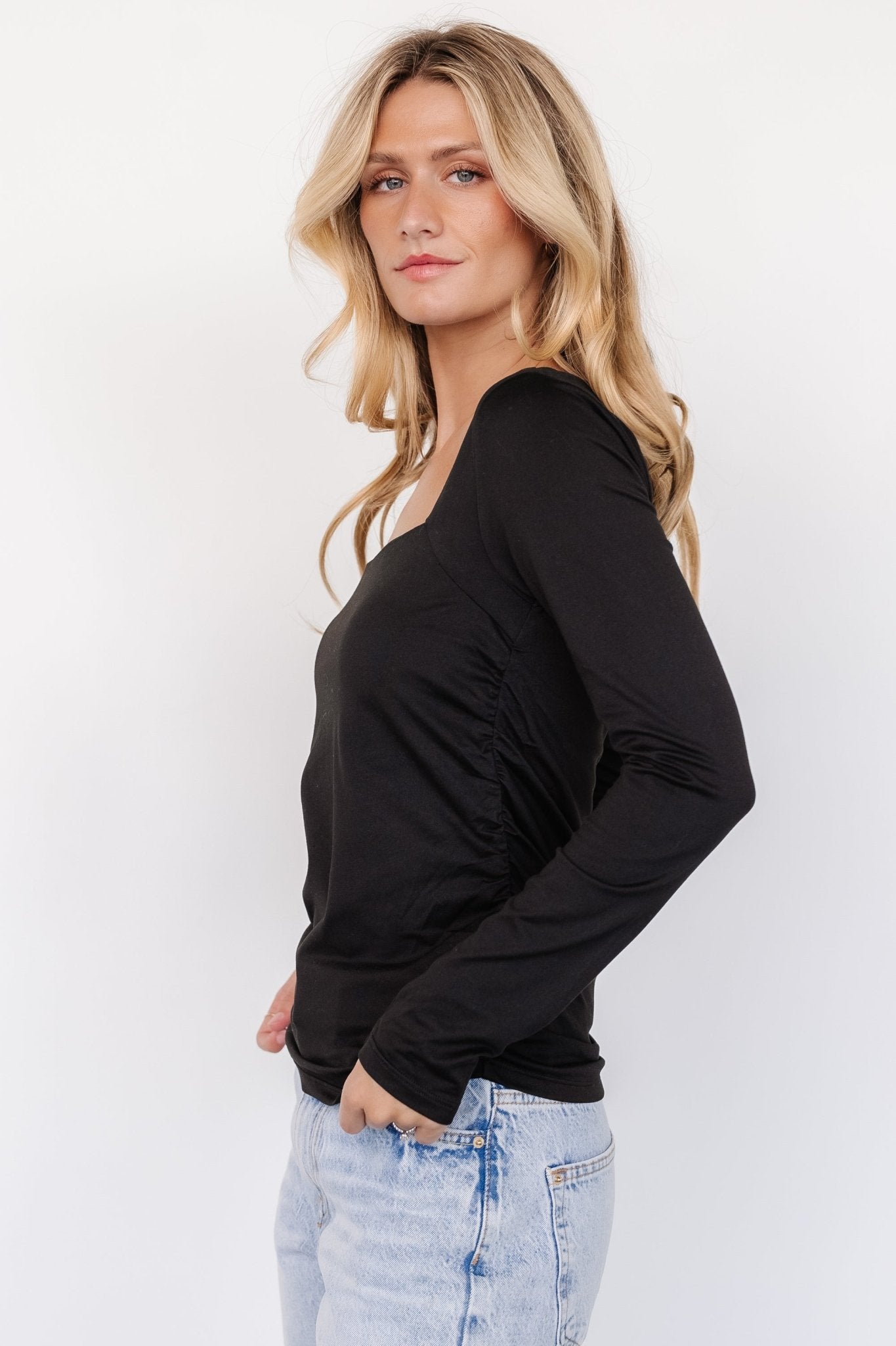 Black Square Neck Long Sleeve Kailee Top with Ruching