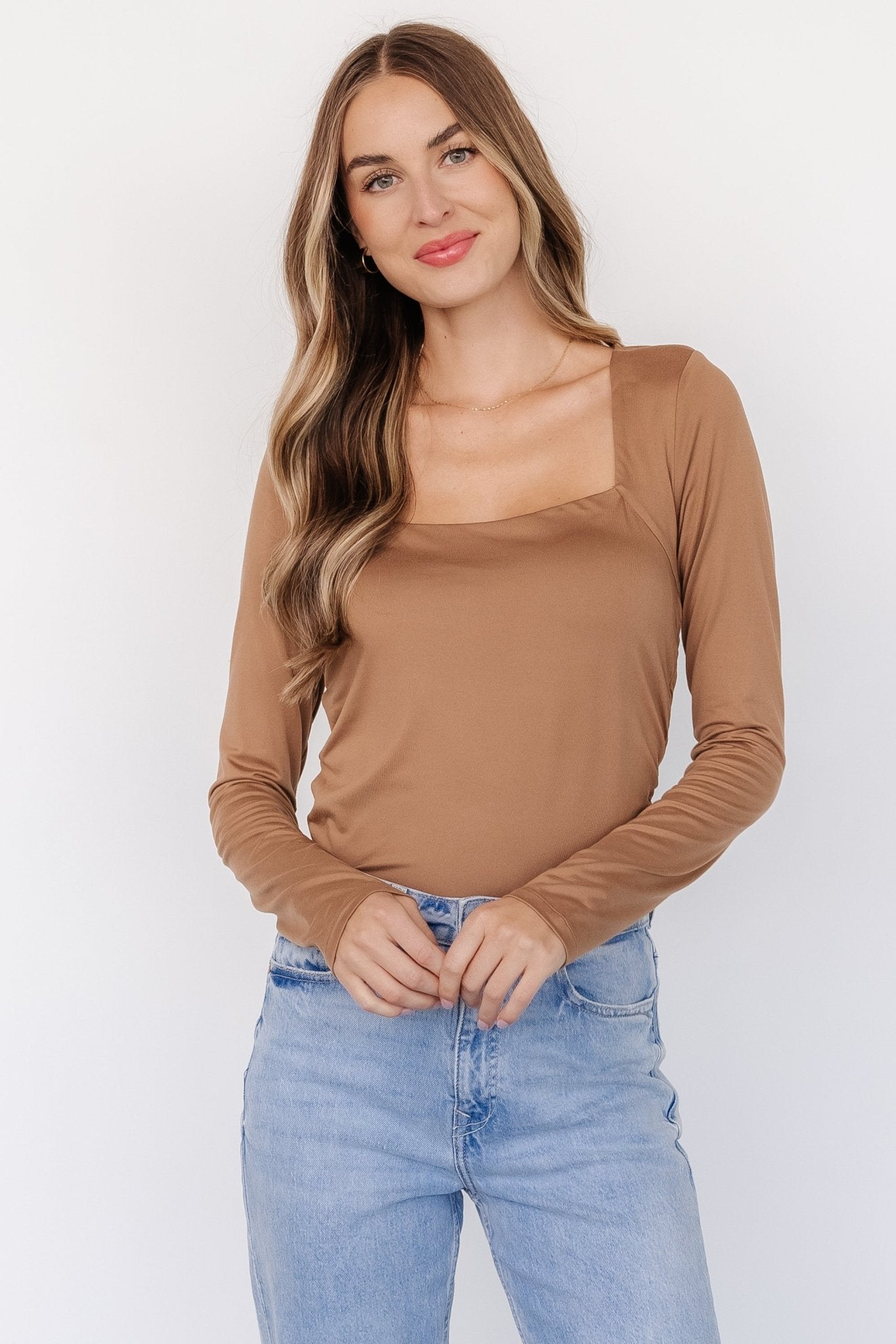 Camel Brown Square Neck Long Sleeve Kailee Top