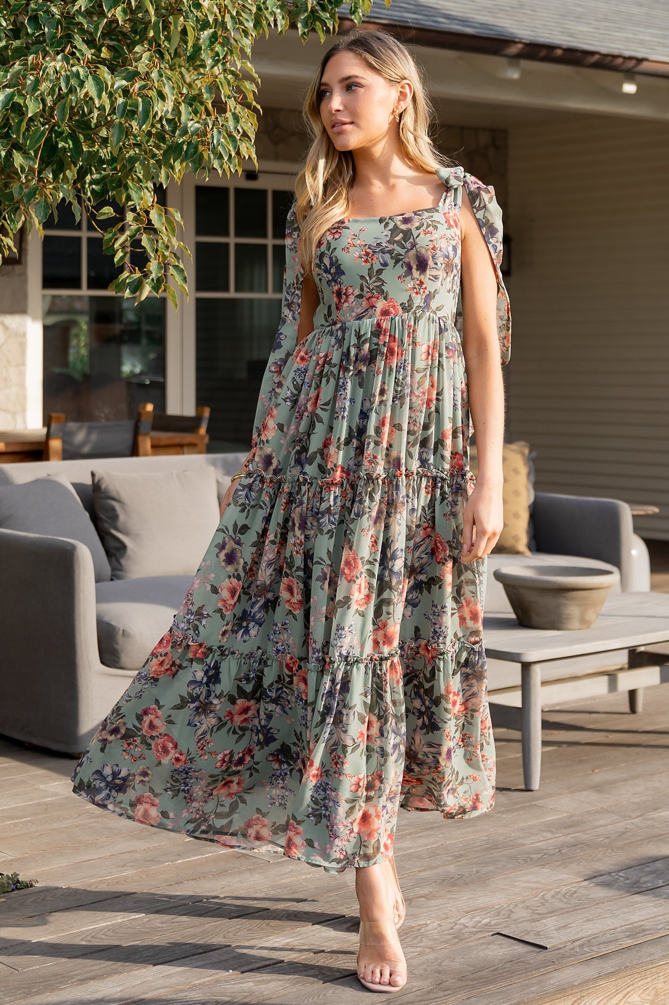 Anita Floral Maxi Dress for Weddings - Green Multi Chiffon